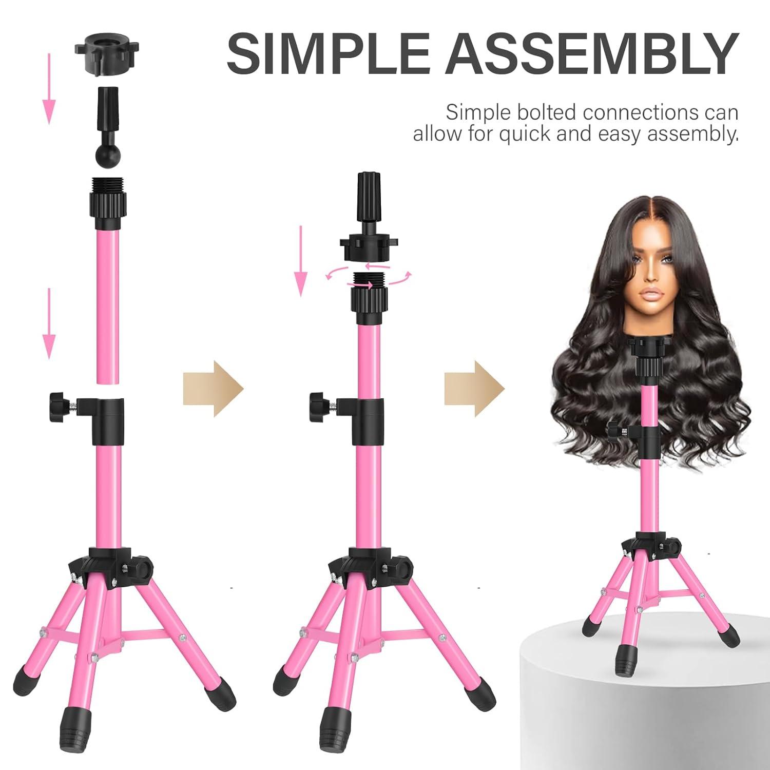 image25 Inch Wig Stand Tripod Adjustable Mannequin Head Stand Wig Head Stand for Training Heads And Canvas Block Head Pink Mannequin Head Not IncludedPink