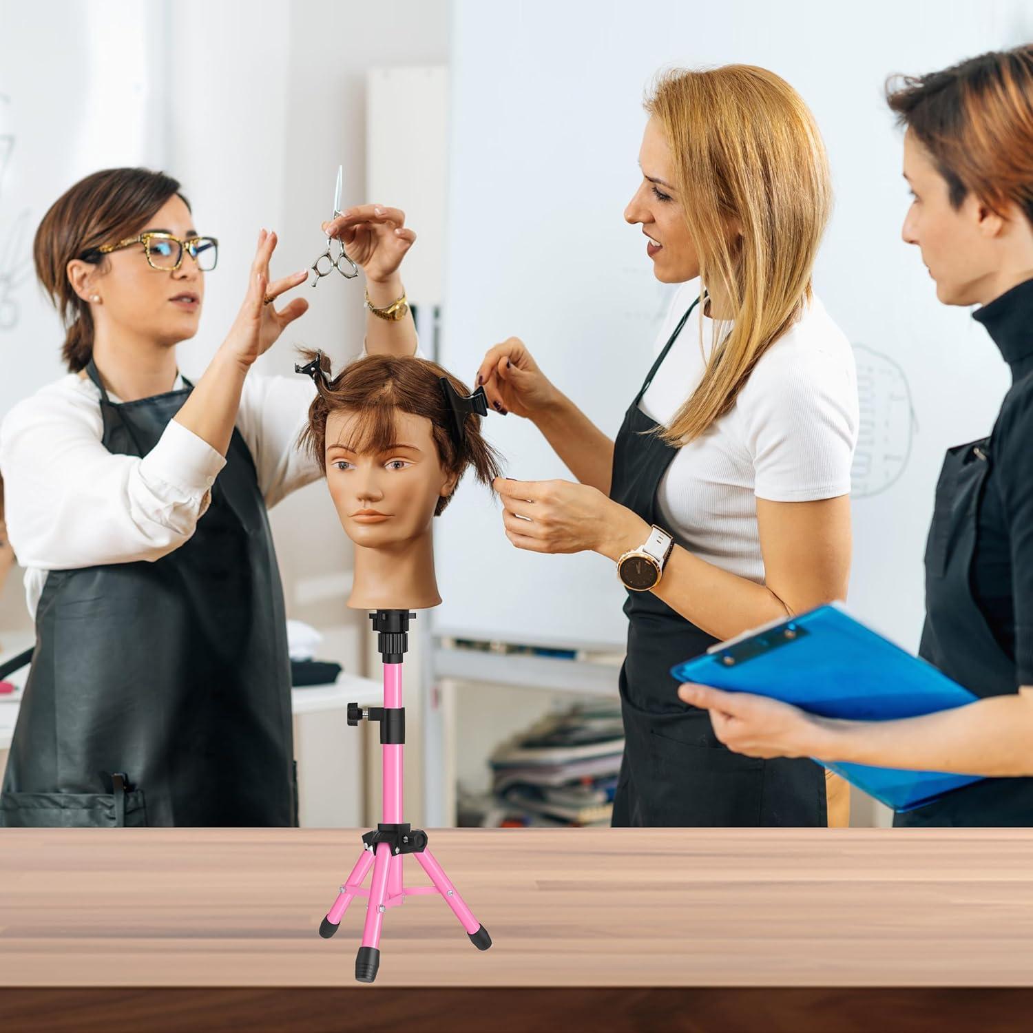 image25 Inch Wig Stand Tripod Adjustable Mannequin Head Stand Wig Head Stand for Training Heads And Canvas Block Head Pink Mannequin Head Not IncludedPink