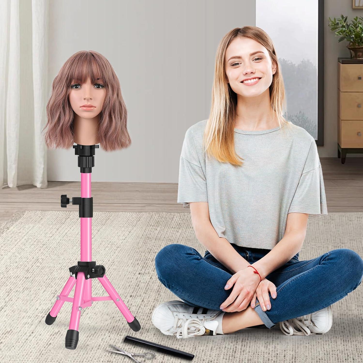 image25 Inch Wig Stand Tripod Adjustable Mannequin Head Stand Wig Head Stand for Training Heads And Canvas Block Head Pink Mannequin Head Not IncludedPink