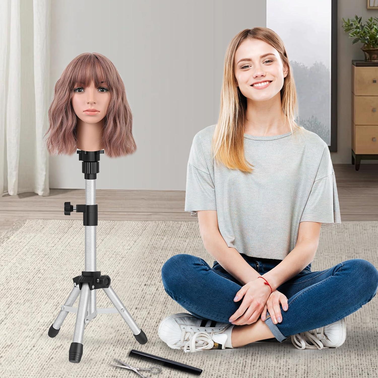 image25 Inch Wig Stand Tripod Adjustable Mannequin Head Stand Wig Head Stand for Training Heads And Canvas Block Head Pink Mannequin Head Not IncludedSilvery