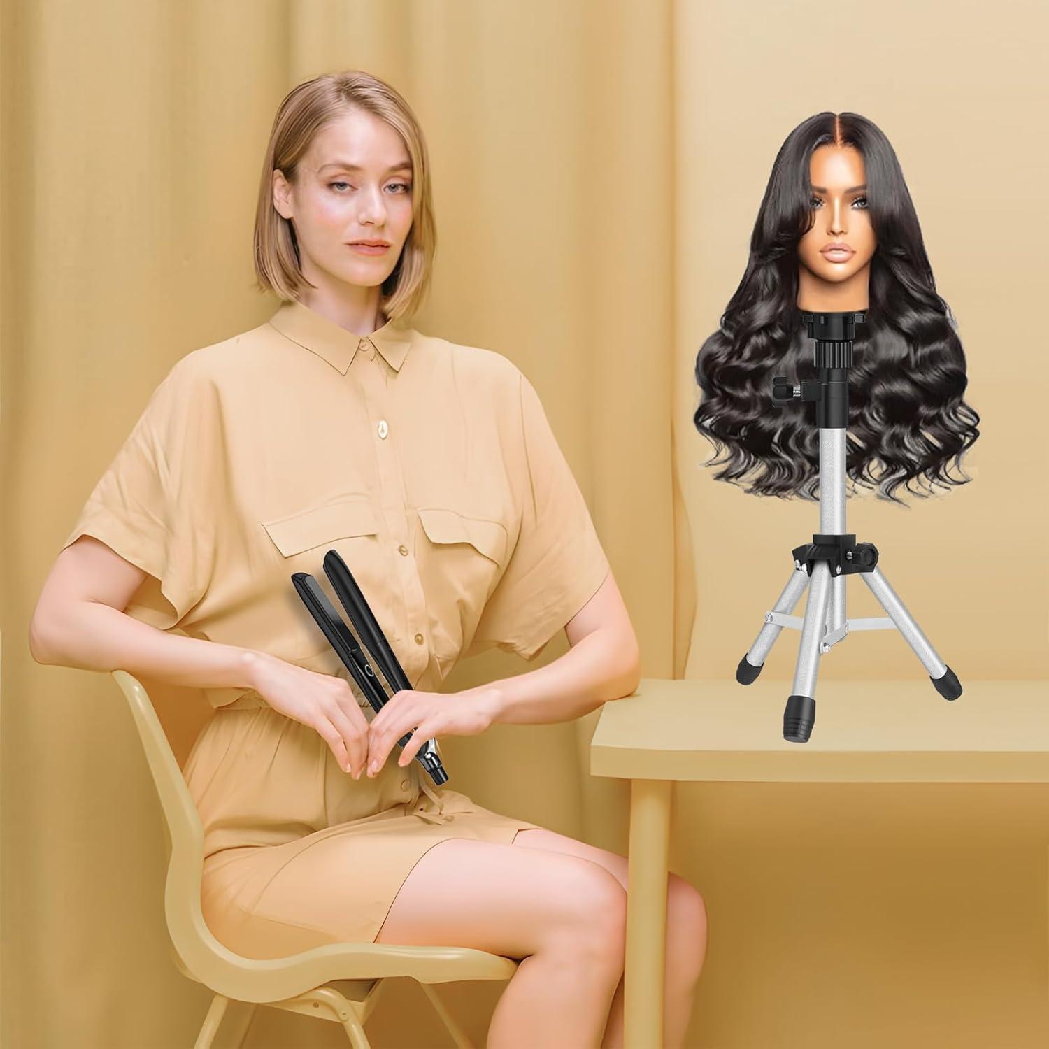 image25 Inch Wig Stand Tripod Adjustable Mannequin Head Stand Wig Head Stand for Training Heads And Canvas Block Head Pink Mannequin Head Not IncludedSilvery