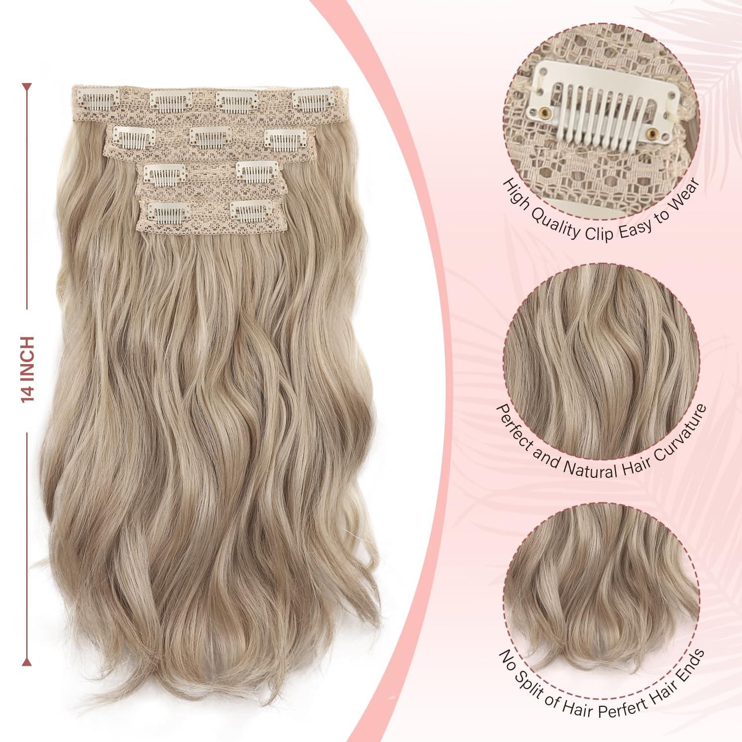 imageBlonde Clip in Hair Extensions 14 Inch Wavy Synthetic Hair Extensions Clip ins Color Dark Blonde with Bleach Blonde HighlightsAsh Blonde Mix Beige Blonde