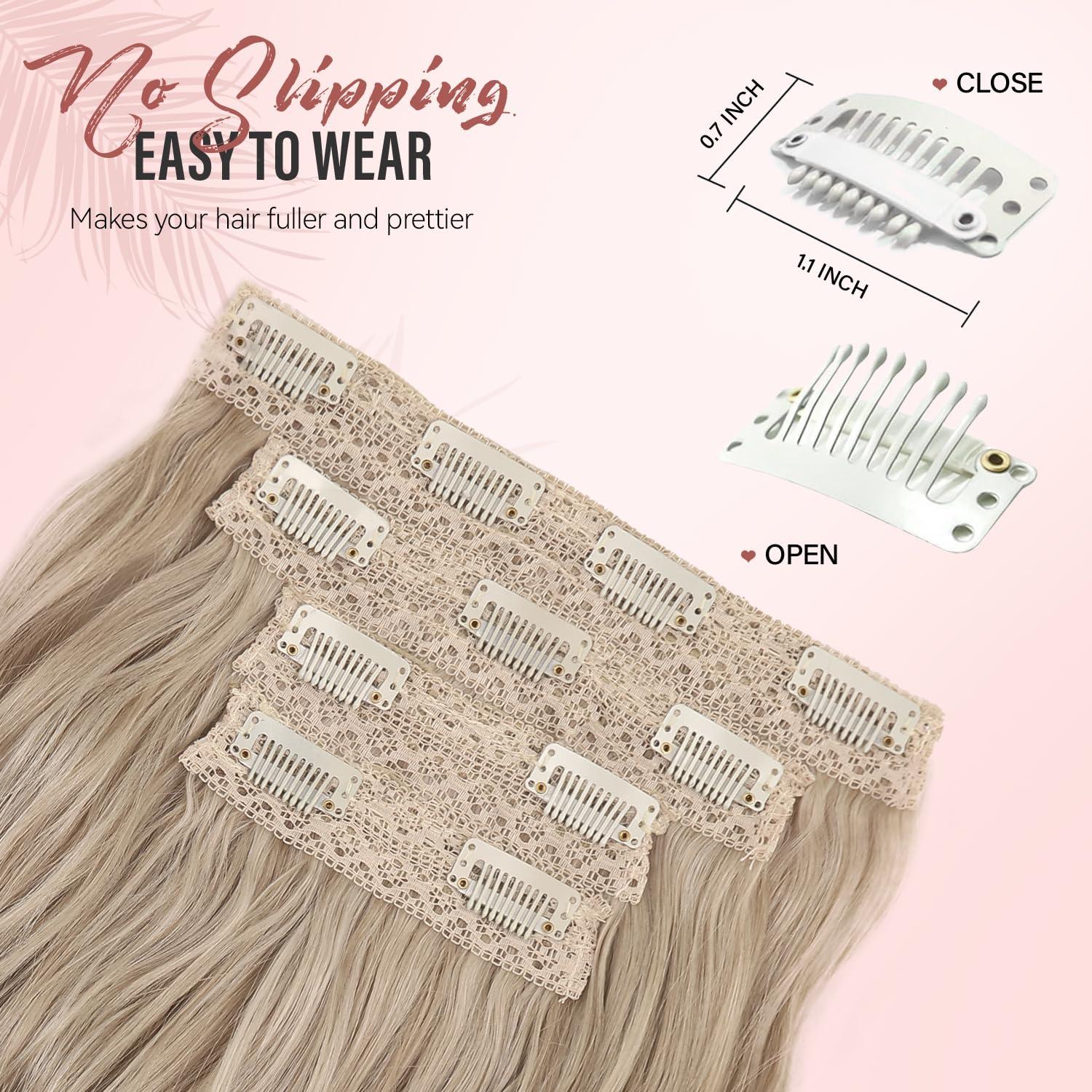 imageBlonde Clip in Hair Extensions 14 Inch Wavy Synthetic Hair Extensions Clip ins Color Dark Blonde with Bleach Blonde HighlightsAsh Blonde Mix Beige Blonde