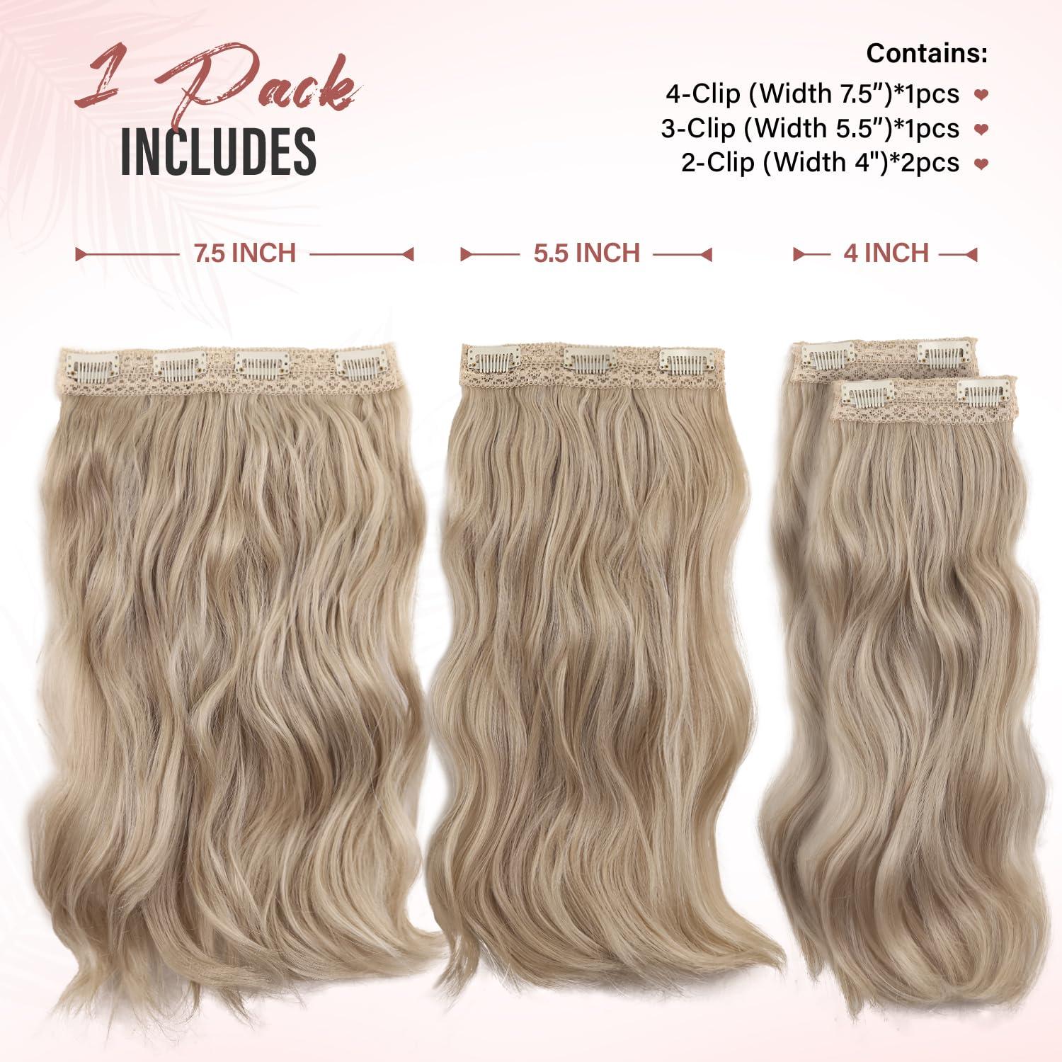 imageBlonde Clip in Hair Extensions 14 Inch Wavy Synthetic Hair Extensions Clip ins Color Dark Blonde with Bleach Blonde HighlightsAsh Blonde Mix Beige Blonde