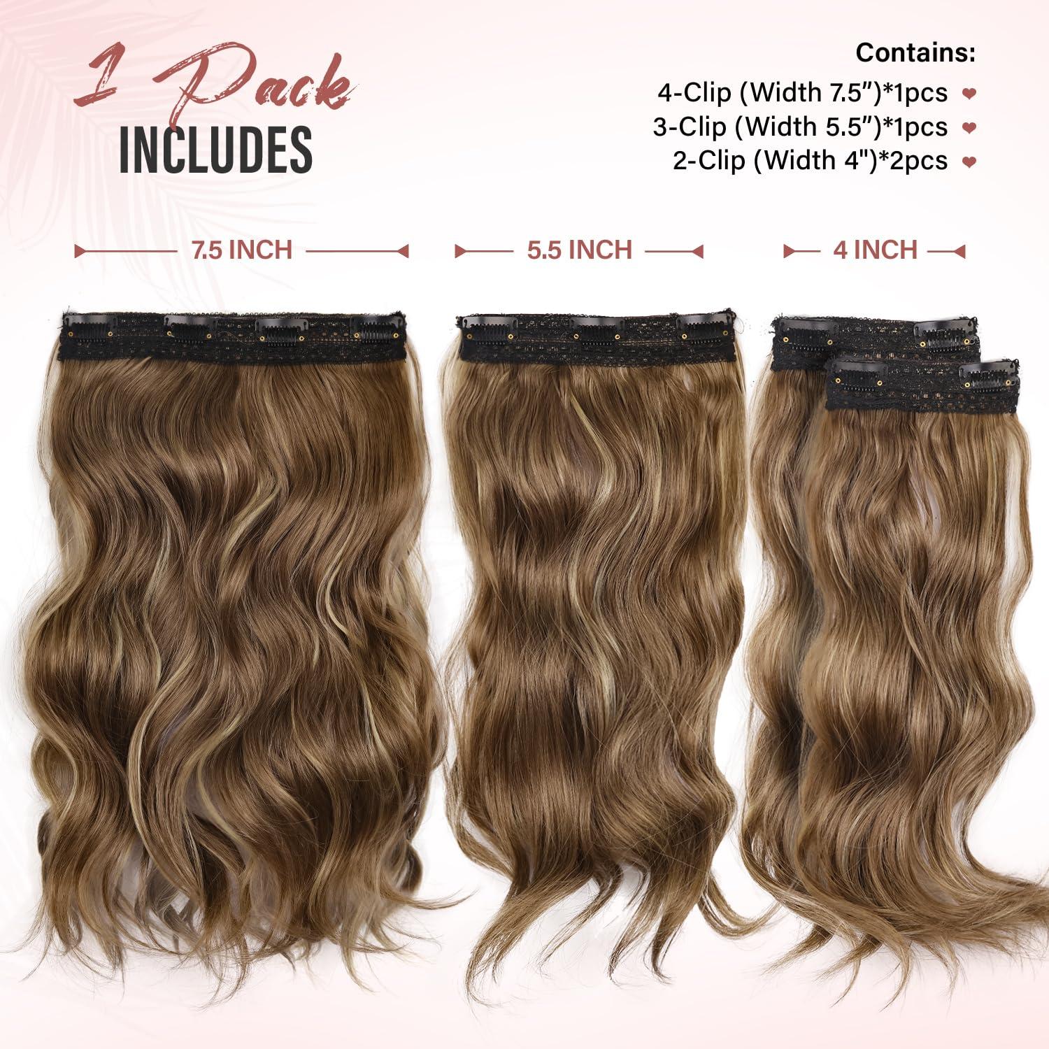 imageBlonde Clip in Hair Extensions 14 Inch Wavy Synthetic Hair Extensions Clip ins Color Dark Blonde with Bleach Blonde HighlightsAsh Brown with Beige Blonde Highlights