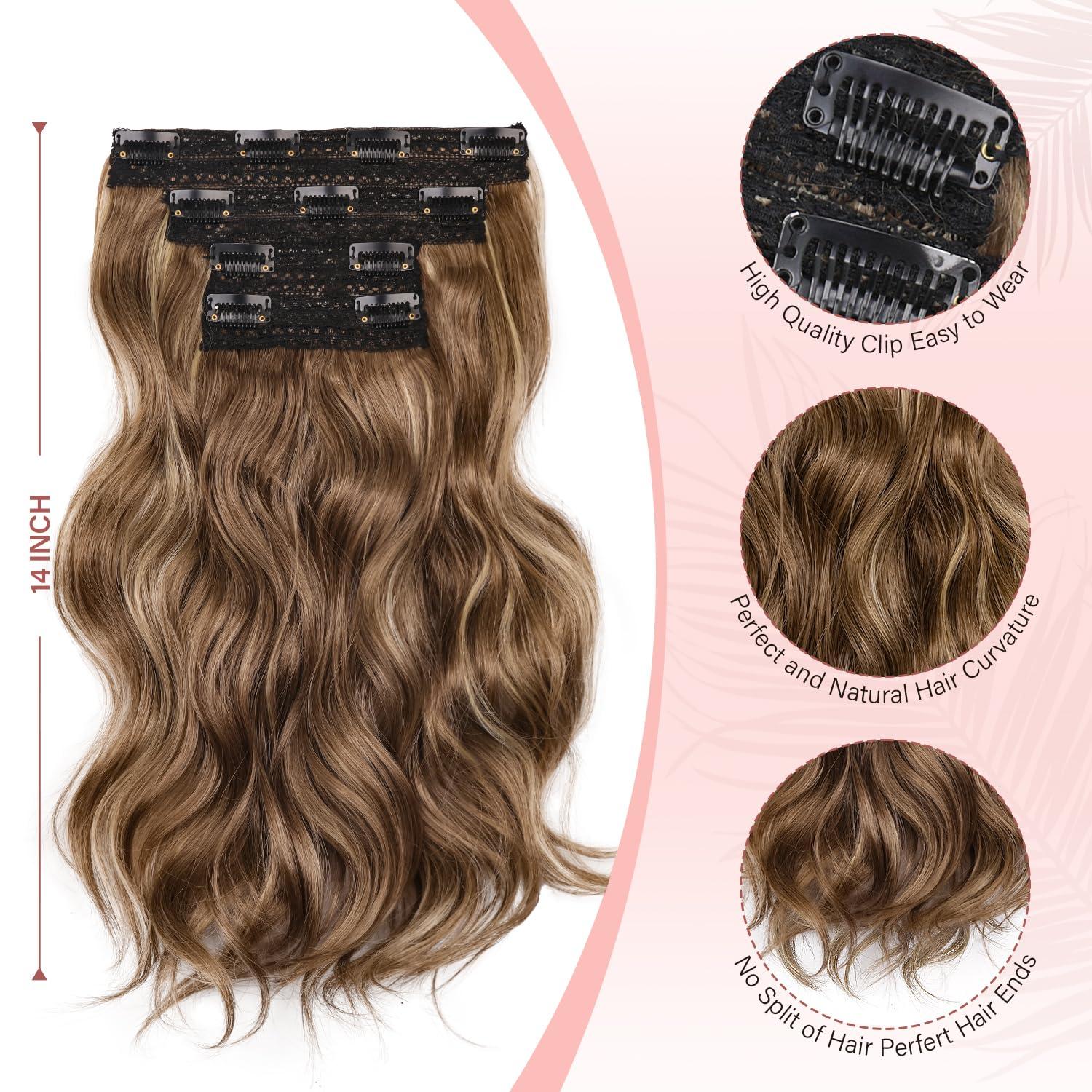 imageBlonde Clip in Hair Extensions 14 Inch Wavy Synthetic Hair Extensions Clip ins Color Dark Blonde with Bleach Blonde HighlightsAsh Brown with Beige Blonde Highlights