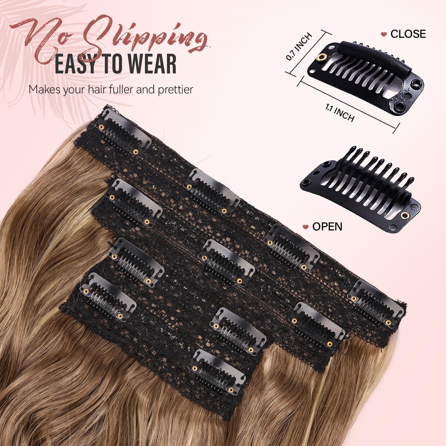 imageBlonde Clip in Hair Extensions 14 Inch Wavy Synthetic Hair Extensions Clip ins Color Dark Blonde with Bleach Blonde HighlightsAsh Brown with Beige Blonde Highlights