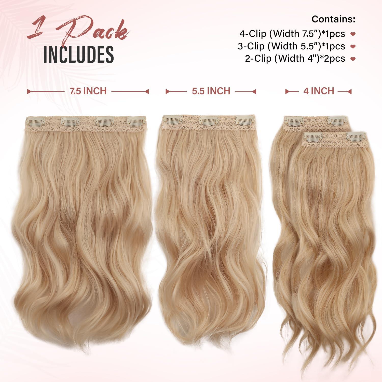 imageBlonde Clip in Hair Extensions 14 Inch Wavy Synthetic Hair Extensions Clip ins Color Dark Blonde with Bleach Blonde HighlightsBeige Blonde Mix Platinum Blonde