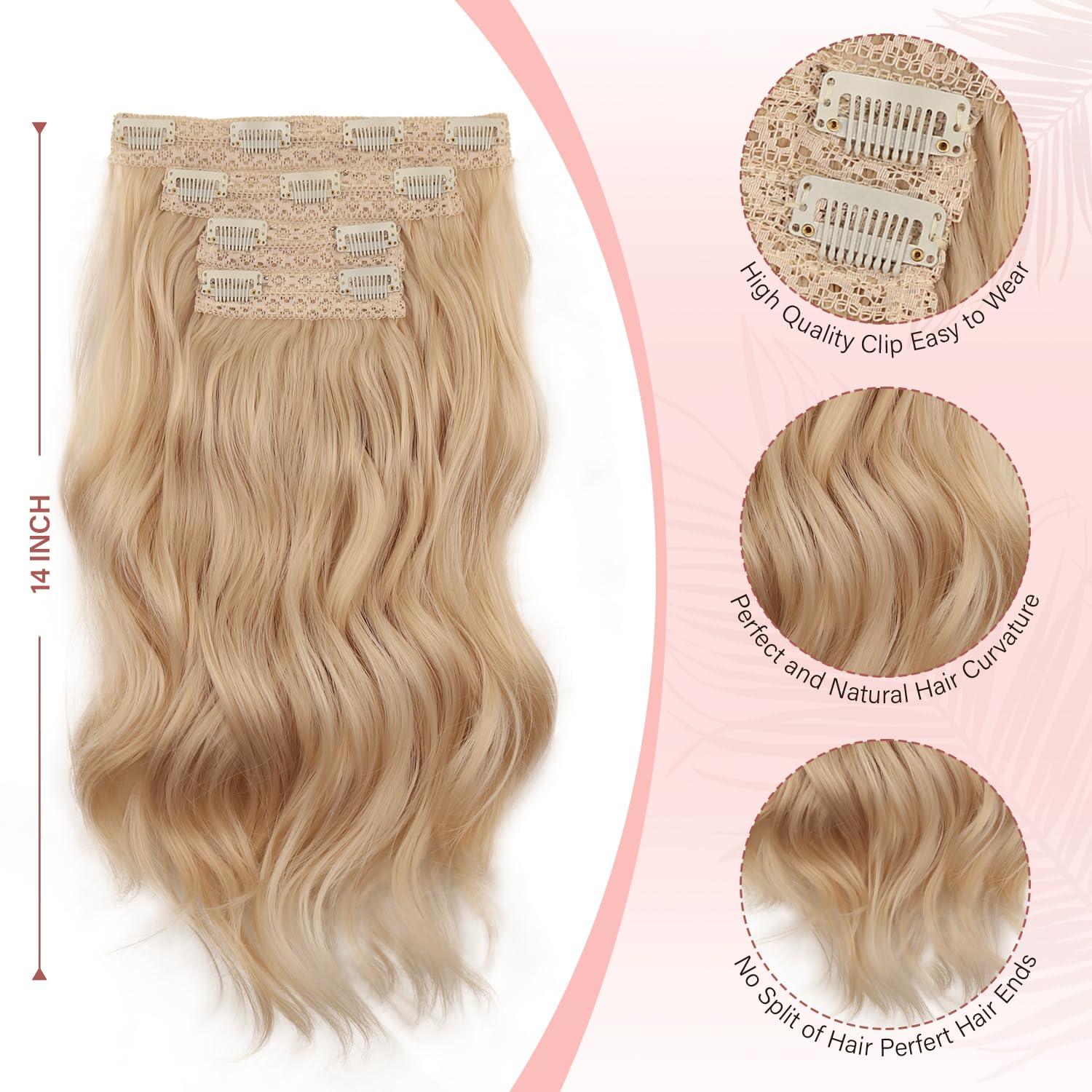 imageBlonde Clip in Hair Extensions 14 Inch Wavy Synthetic Hair Extensions Clip ins Color Dark Blonde with Bleach Blonde HighlightsBeige Blonde Mix Platinum Blonde
