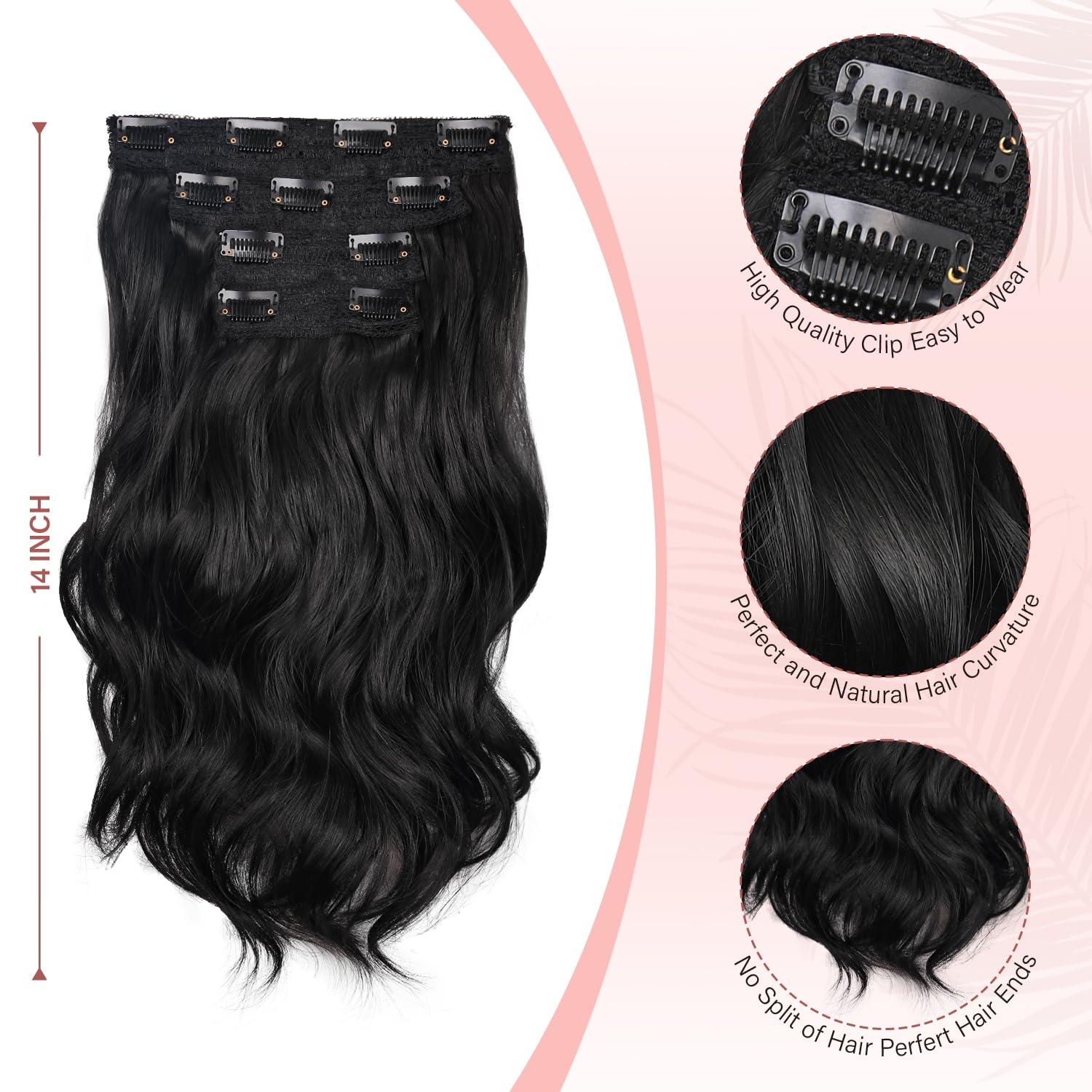 imageBlonde Clip in Hair Extensions 14 Inch Wavy Synthetic Hair Extensions Clip ins Color Dark Blonde with Bleach Blonde HighlightsBlack