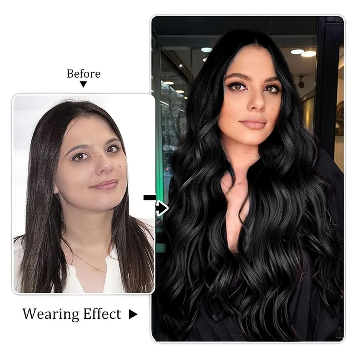 imageBlonde Clip in Hair Extensions 14 Inch Wavy Synthetic Hair Extensions Clip ins Color Dark Blonde with Bleach Blonde HighlightsBlack