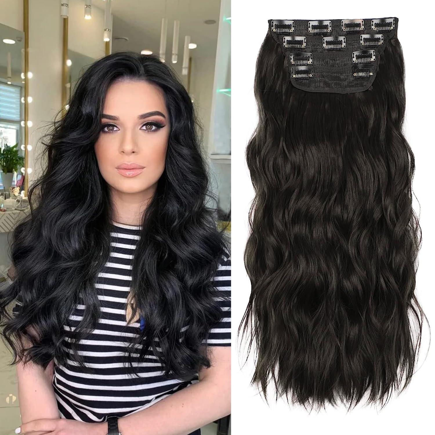 imageBlonde Clip in Hair Extensions 14 Inch Wavy Synthetic Hair Extensions Clip ins Color Dark Blonde with Bleach Blonde HighlightsBlack