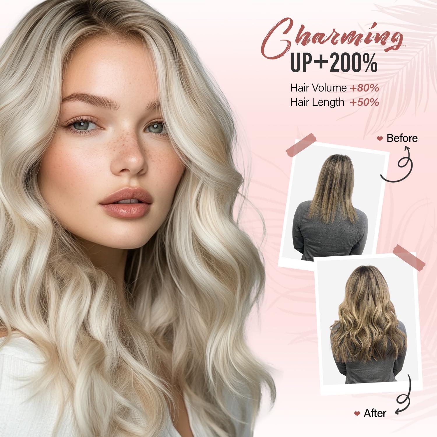 imageBlonde Clip in Hair Extensions 14 Inch Wavy Synthetic Hair Extensions Clip ins Color Dark Blonde with Bleach Blonde HighlightsBlack