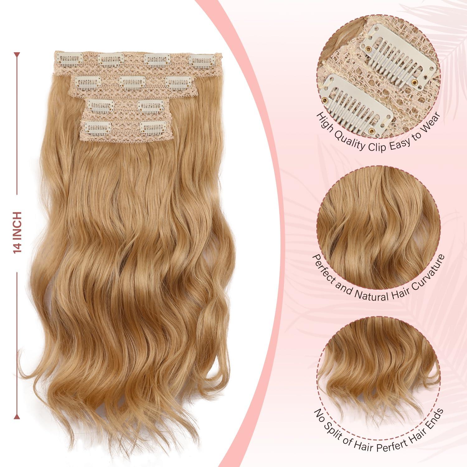 imageBlonde Clip in Hair Extensions 14 Inch Wavy Synthetic Hair Extensions Clip ins Color Dark Blonde with Bleach Blonde HighlightsBlonde mix Bleach Blonde