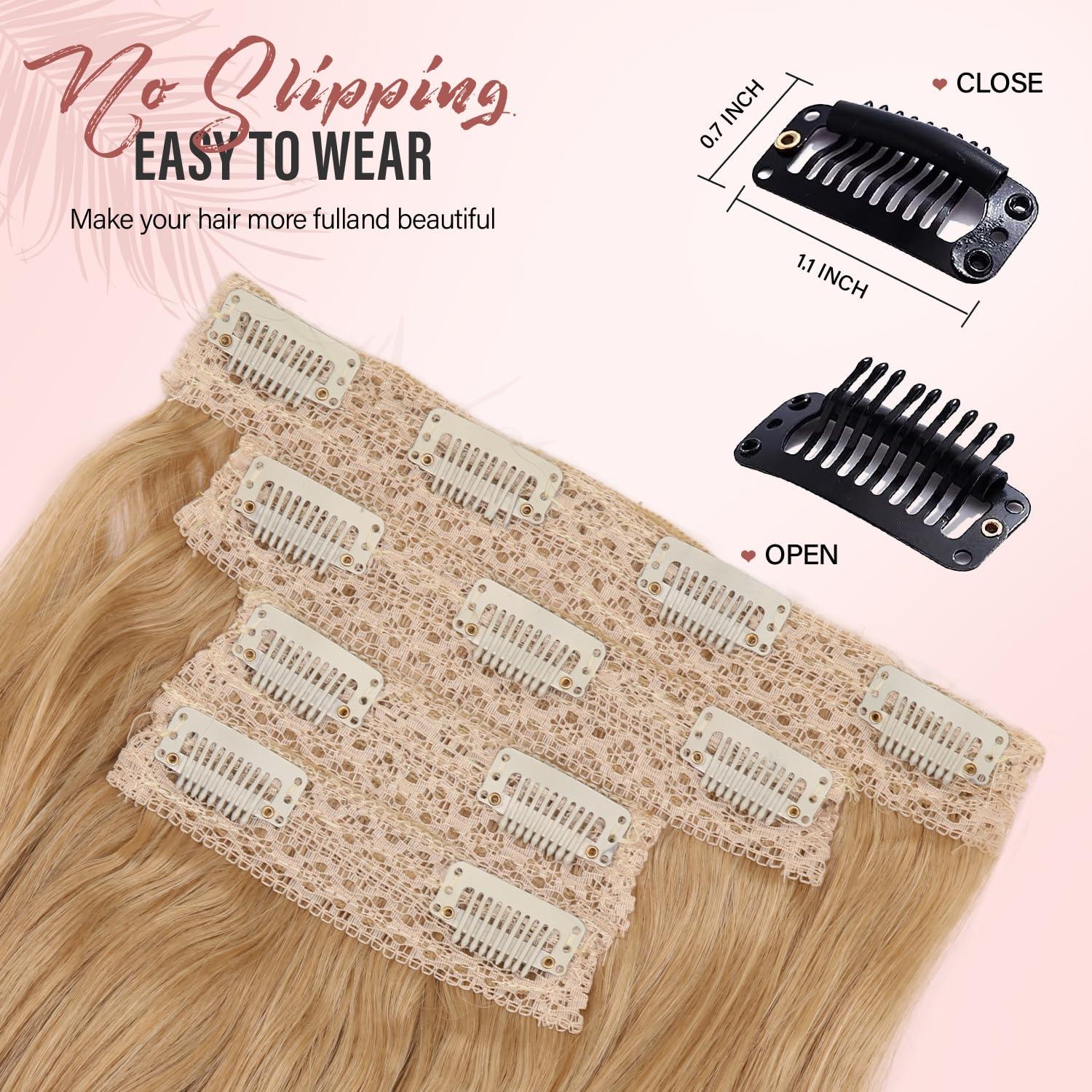 imageBlonde Clip in Hair Extensions 14 Inch Wavy Synthetic Hair Extensions Clip ins Color Dark Blonde with Bleach Blonde HighlightsBlonde mix Bleach Blonde