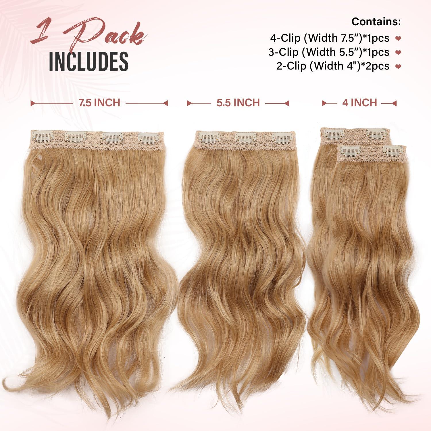 imageBlonde Clip in Hair Extensions 14 Inch Wavy Synthetic Hair Extensions Clip ins Color Dark Blonde with Bleach Blonde HighlightsBlonde mix Bleach Blonde