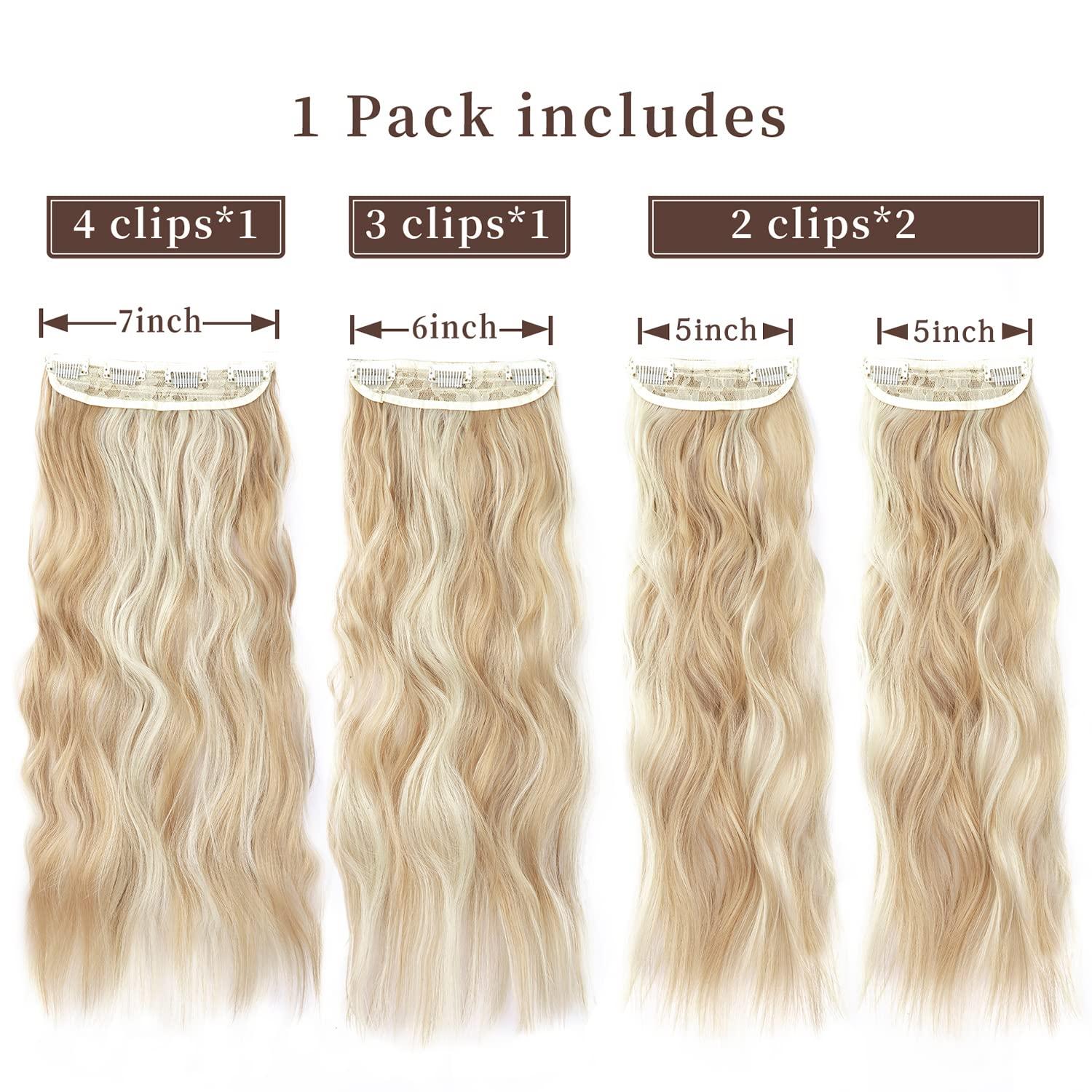 imageBlonde Clip in Hair Extensions 14 Inch Wavy Synthetic Hair Extensions Clip ins Color Dark Blonde with Bleach Blonde HighlightsBlonde with Beige Blonde Highlights