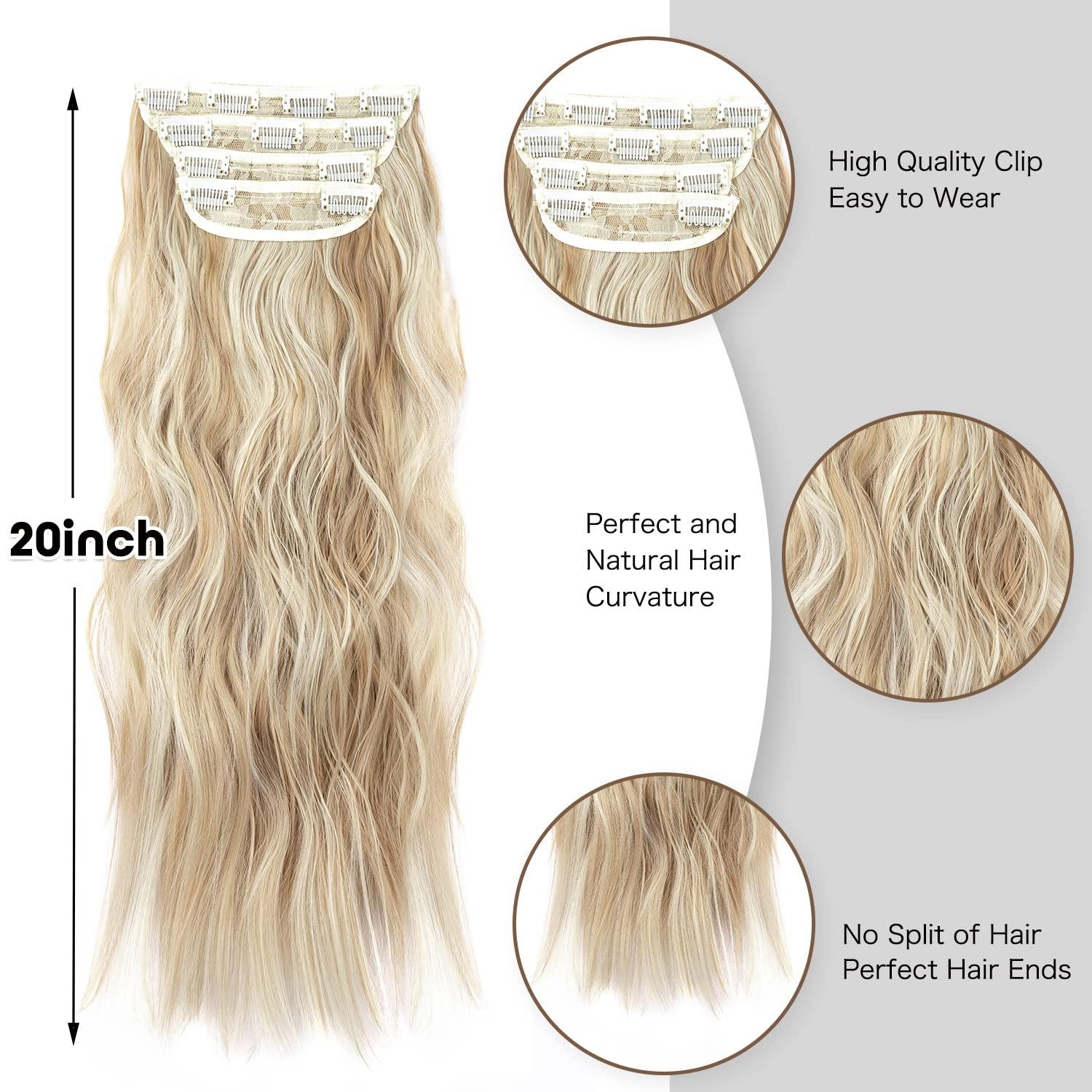 imageBlonde Clip in Hair Extensions 14 Inch Wavy Synthetic Hair Extensions Clip ins Color Dark Blonde with Bleach Blonde HighlightsBlonde with Beige Blonde Highlights