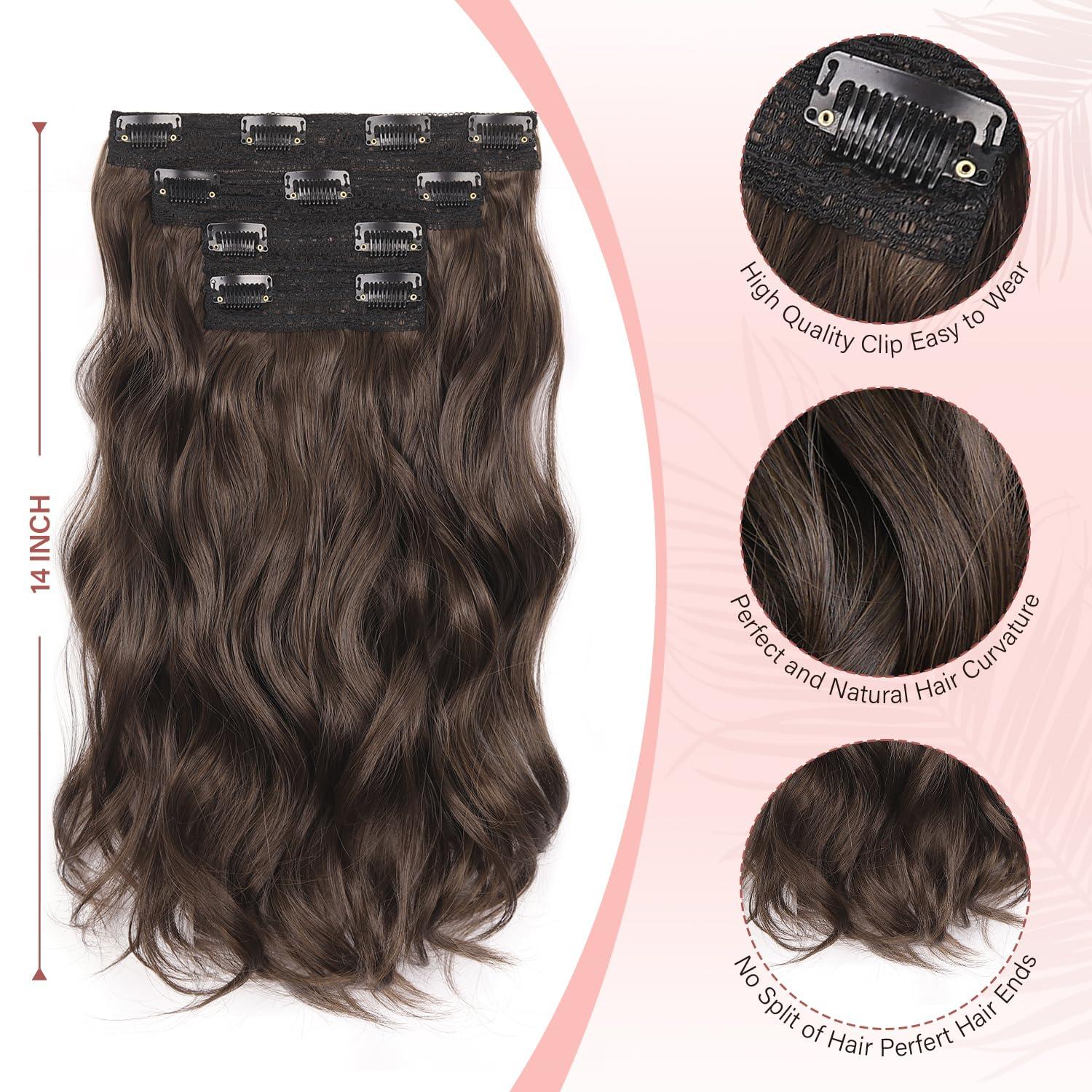 imageBlonde Clip in Hair Extensions 14 Inch Wavy Synthetic Hair Extensions Clip ins Color Dark Blonde with Bleach Blonde HighlightsBrown
