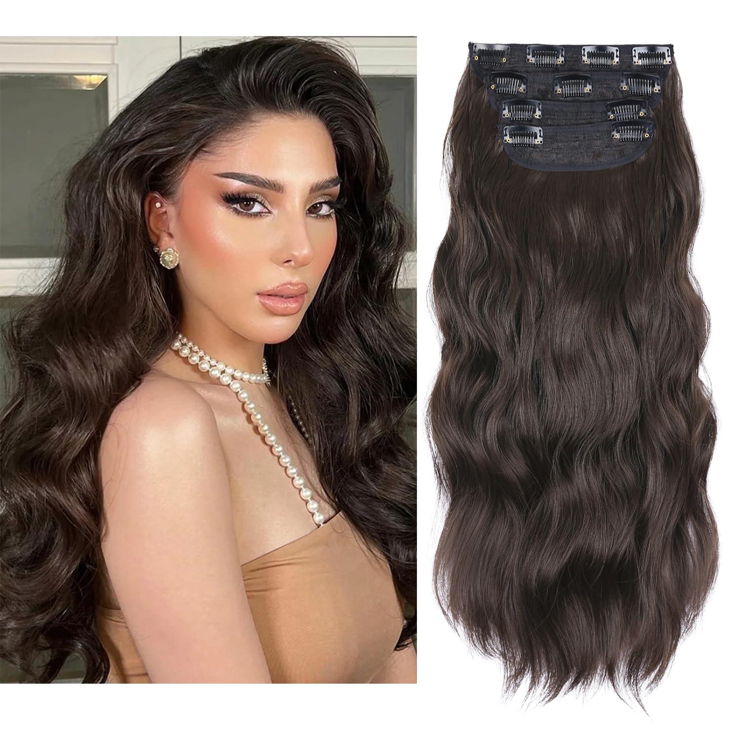 imageBlonde Clip in Hair Extensions 14 Inch Wavy Synthetic Hair Extensions Clip ins Color Dark Blonde with Bleach Blonde HighlightsBrown