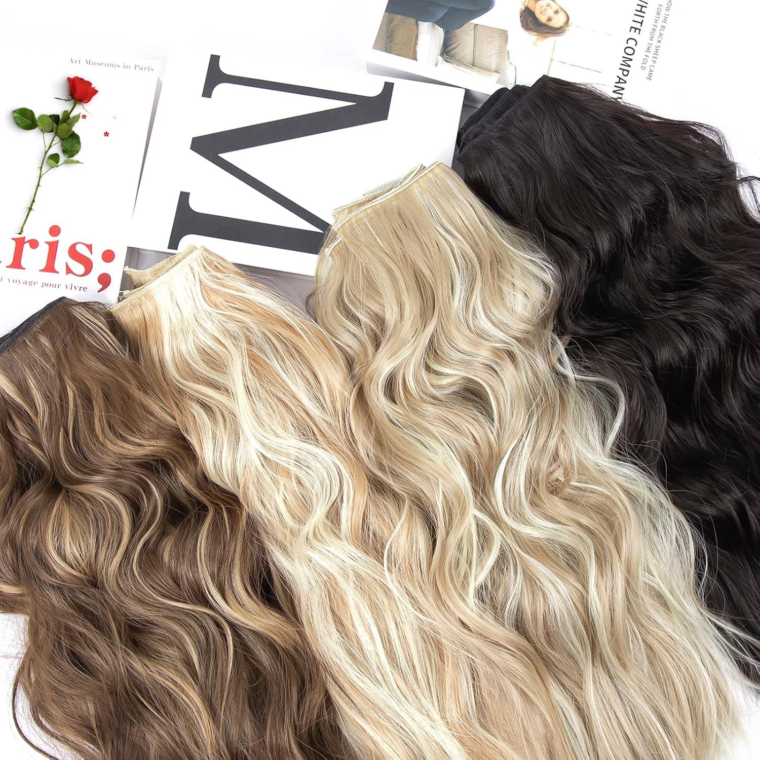 imageBlonde Clip in Hair Extensions 14 Inch Wavy Synthetic Hair Extensions Clip ins Color Dark Blonde with Bleach Blonde HighlightsBrown