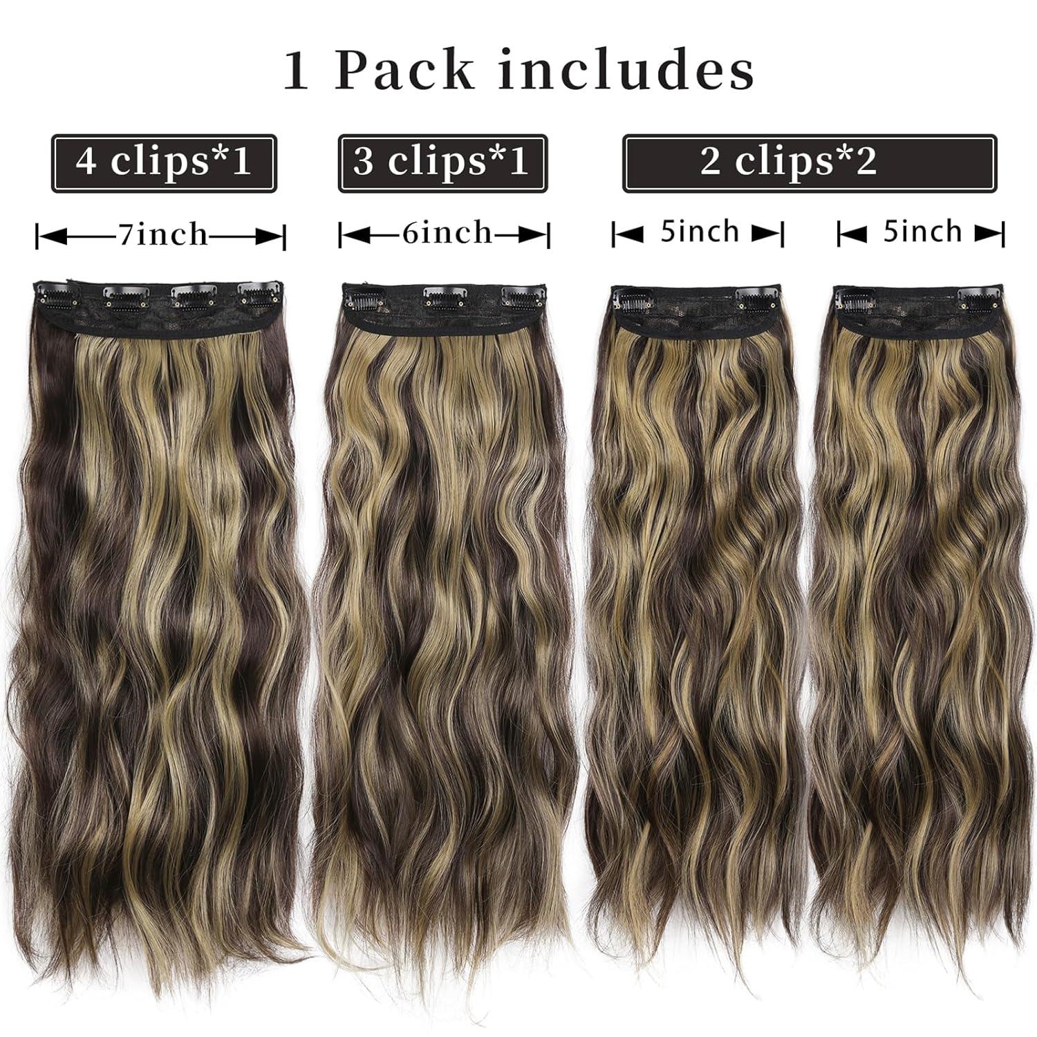 imageBlonde Clip in Hair Extensions 14 Inch Wavy Synthetic Hair Extensions Clip ins Color Dark Blonde with Bleach Blonde HighlightsBrown with Blonde Highlights