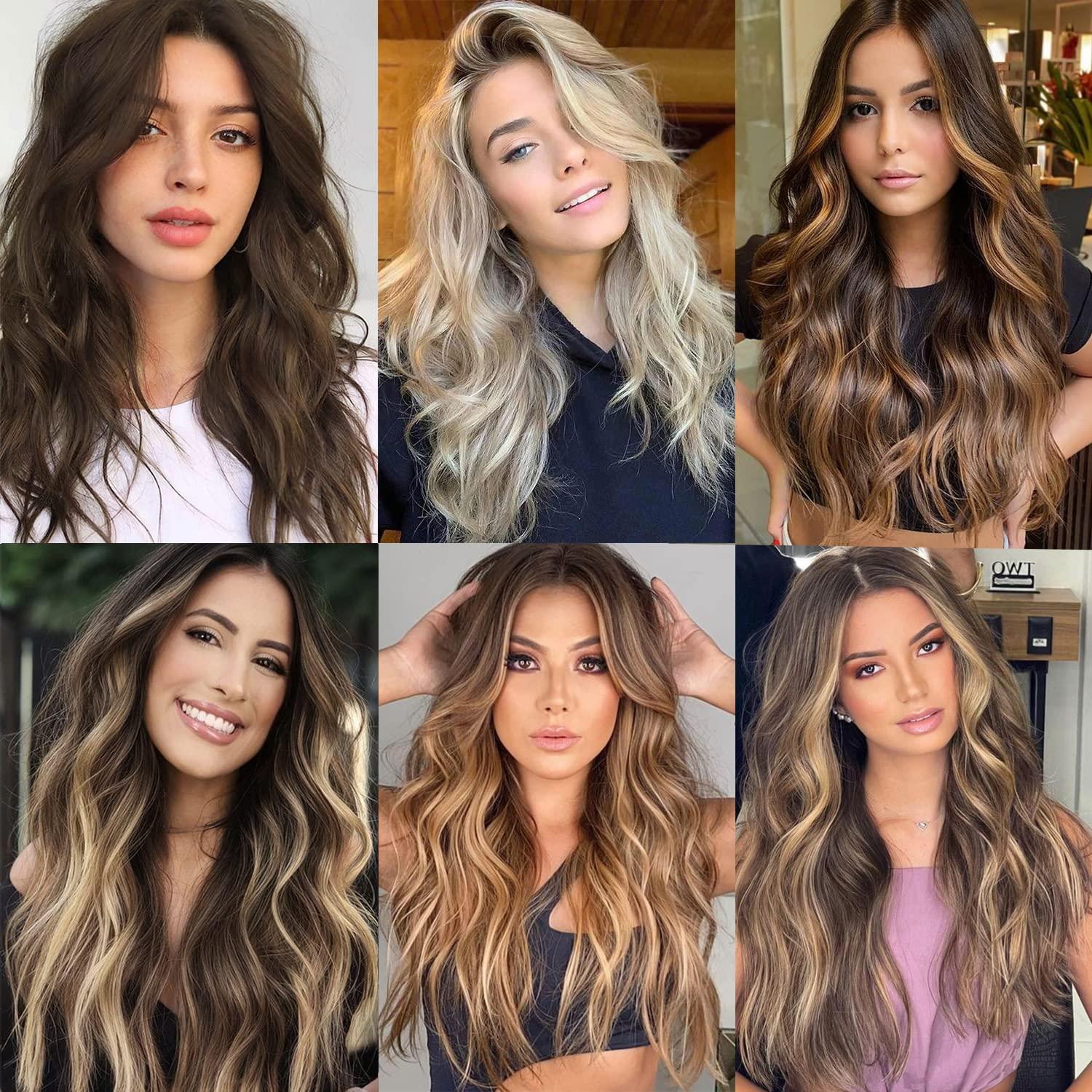 imageBlonde Clip in Hair Extensions 14 Inch Wavy Synthetic Hair Extensions Clip ins Color Dark Blonde with Bleach Blonde HighlightsBrown with Blonde Highlights
