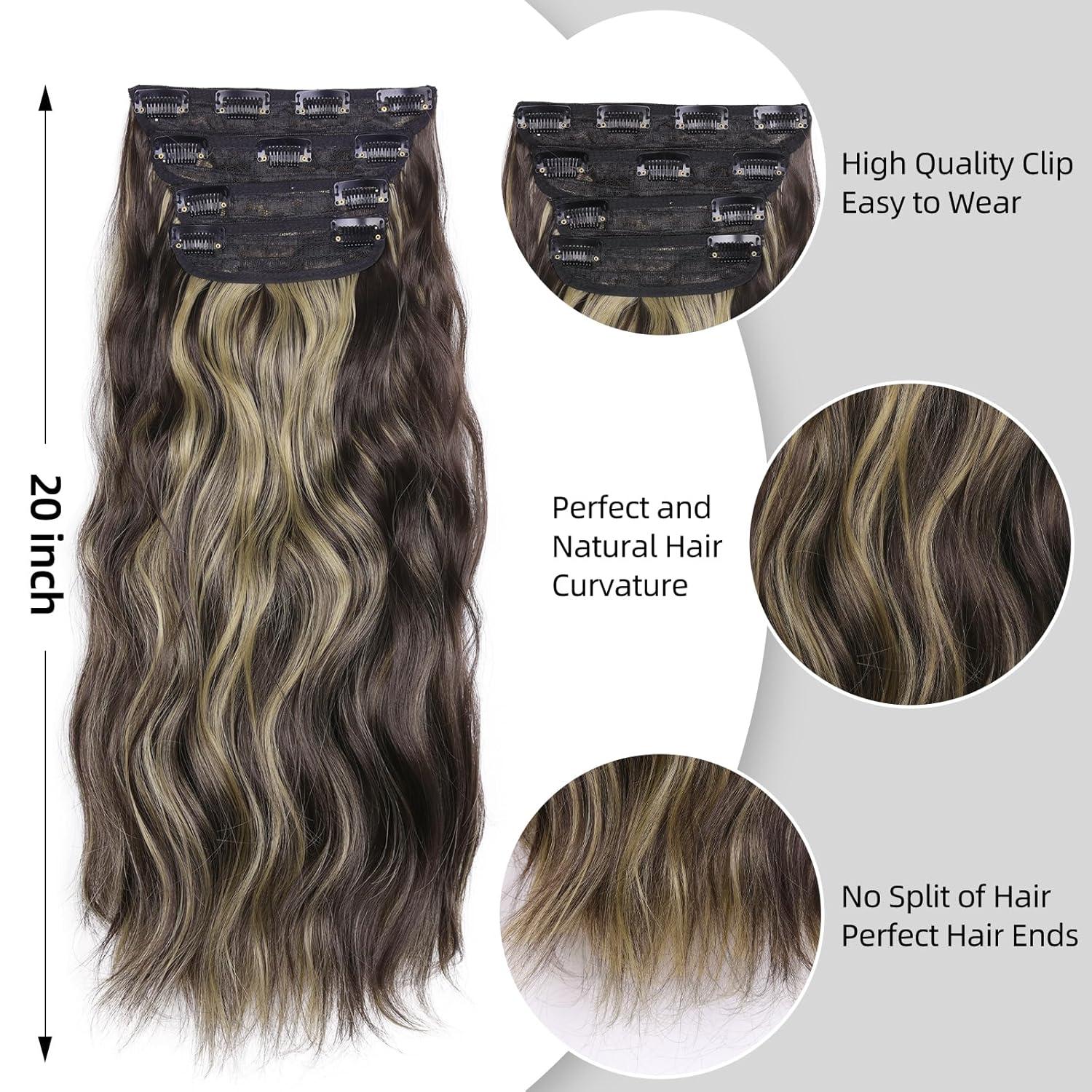 imageBlonde Clip in Hair Extensions 14 Inch Wavy Synthetic Hair Extensions Clip ins Color Dark Blonde with Bleach Blonde HighlightsBrown with Blonde Highlights