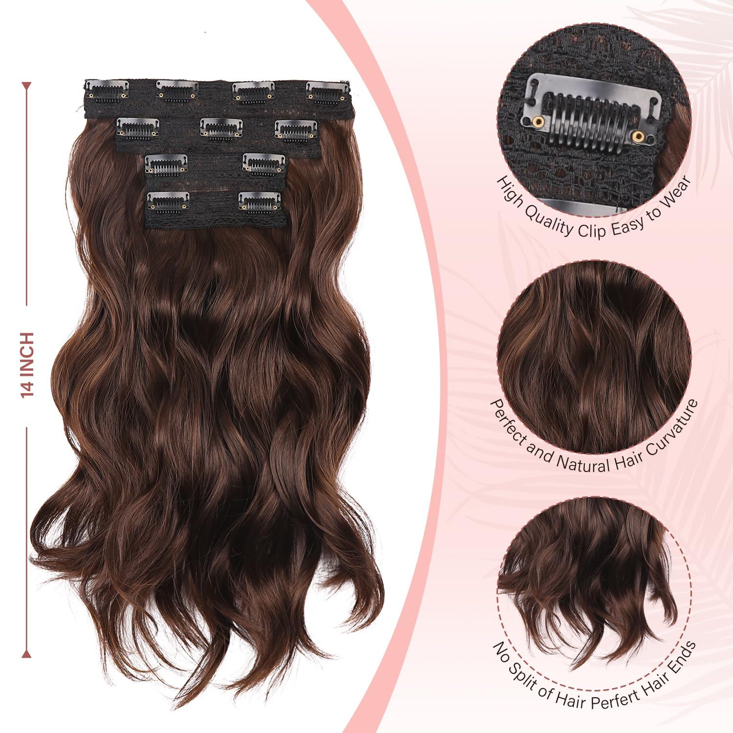 imageBlonde Clip in Hair Extensions 14 Inch Wavy Synthetic Hair Extensions Clip ins Color Dark Blonde with Bleach Blonde HighlightsChestnut Brown Mix Brown