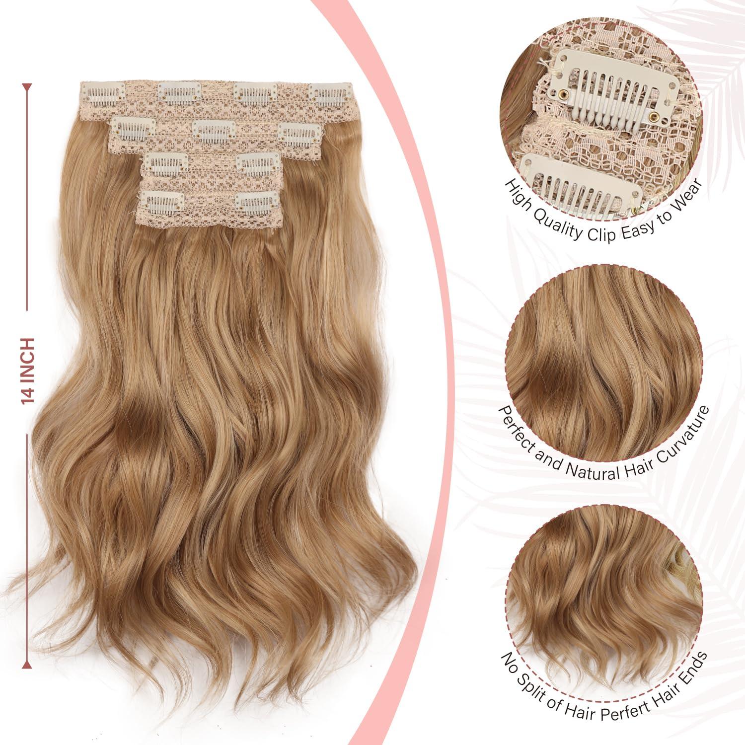 imageBlonde Clip in Hair Extensions 14 Inch Wavy Synthetic Hair Extensions Clip ins Color Dark Blonde with Bleach Blonde HighlightsDark Blonde with Beige Blonde Highlights