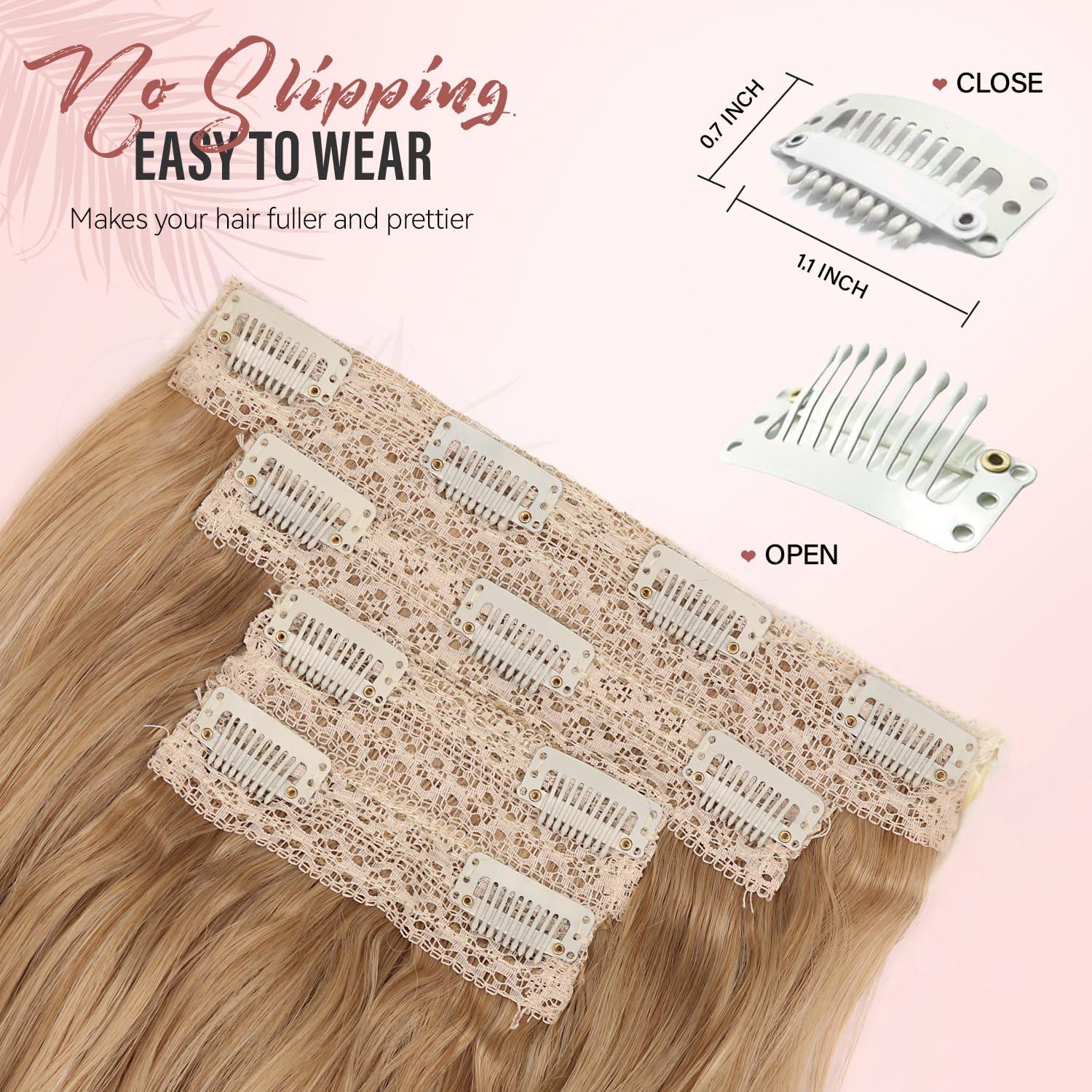 imageBlonde Clip in Hair Extensions 14 Inch Wavy Synthetic Hair Extensions Clip ins Color Dark Blonde with Bleach Blonde HighlightsDark Blonde with Beige Blonde Highlights