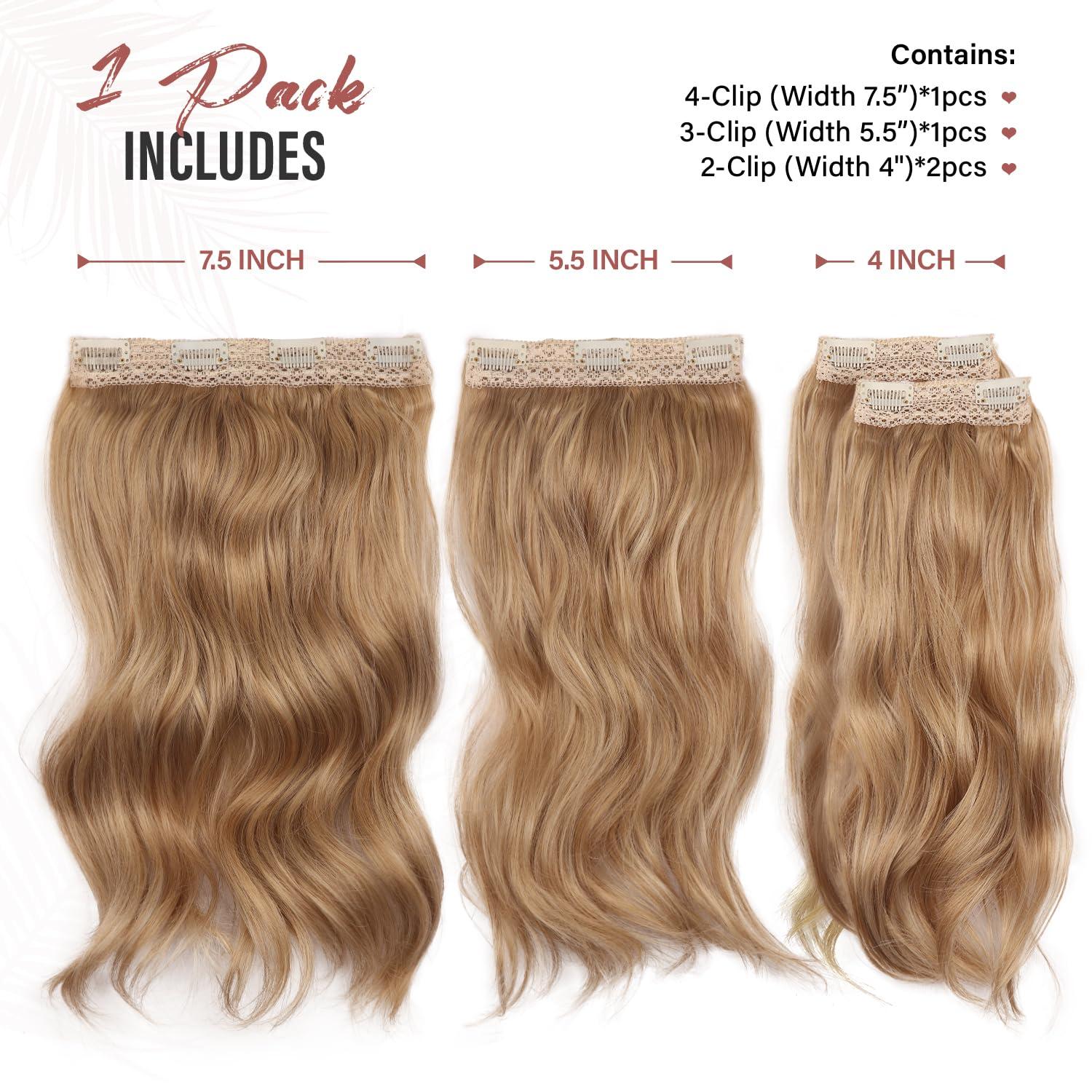 imageBlonde Clip in Hair Extensions 14 Inch Wavy Synthetic Hair Extensions Clip ins Color Dark Blonde with Bleach Blonde HighlightsDark Blonde with Beige Blonde Highlights