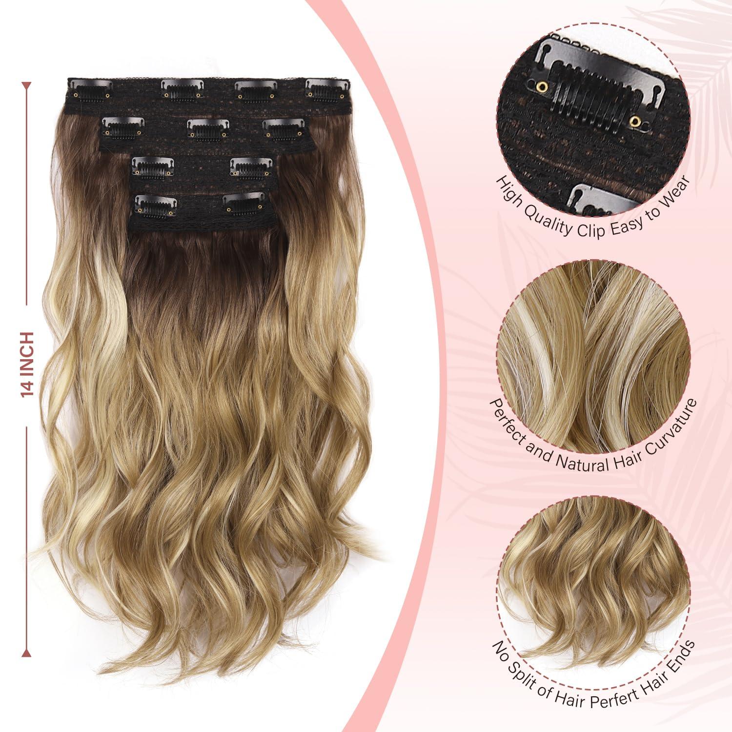 imageBlonde Clip in Hair Extensions 14 Inch Wavy Synthetic Hair Extensions Clip ins Color Dark Blonde with Bleach Blonde HighlightsDark Blonde with Bleach Blonde Highlights