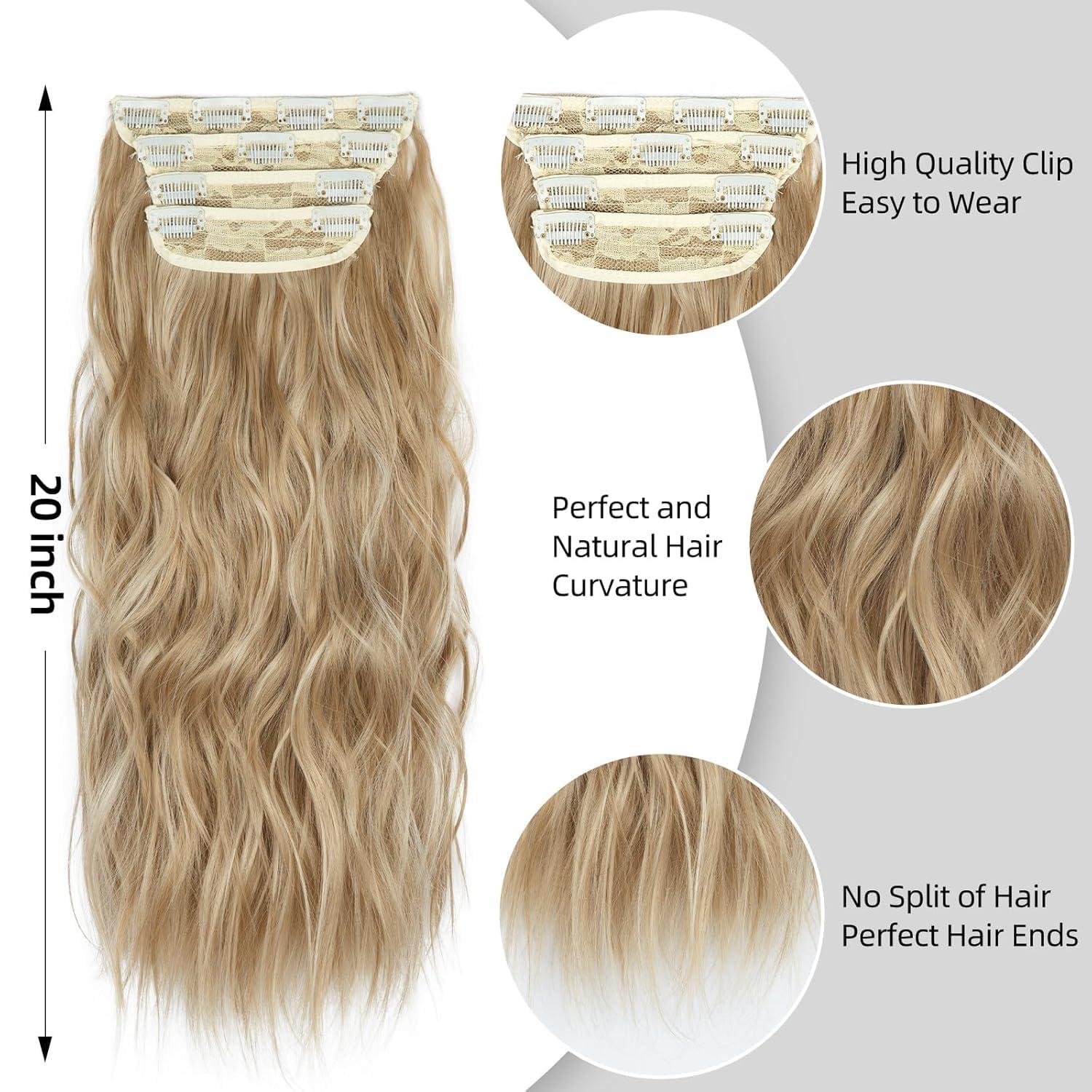 imageBlonde Clip in Hair Extensions 14 Inch Wavy Synthetic Hair Extensions Clip ins Color Dark Blonde with Bleach Blonde HighlightsDark Blonde with Bleach Blonde Highlights