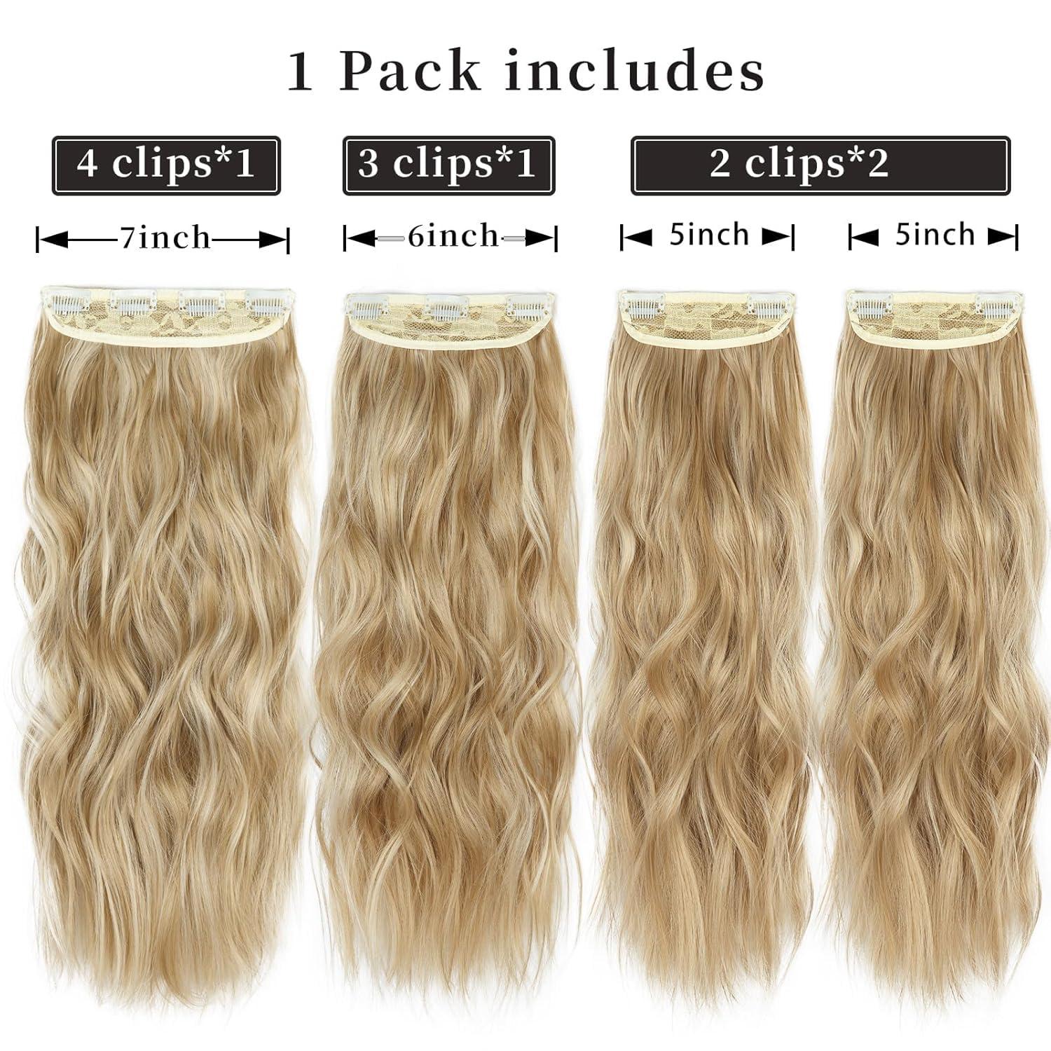 imageBlonde Clip in Hair Extensions 14 Inch Wavy Synthetic Hair Extensions Clip ins Color Dark Blonde with Bleach Blonde HighlightsDark Blonde with Bleach Blonde Highlights