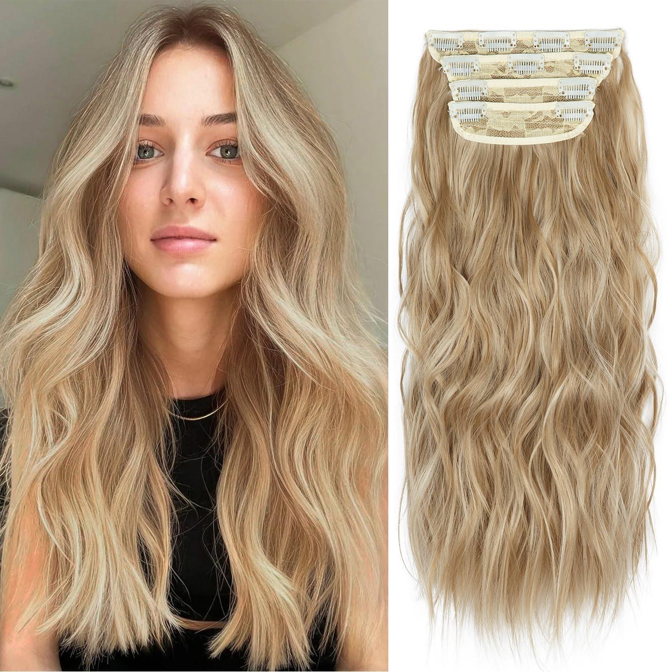 imageBlonde Clip in Hair Extensions 14 Inch Wavy Synthetic Hair Extensions Clip ins Color Dark Blonde with Bleach Blonde HighlightsDark Blonde with Bleach Blonde Highlights