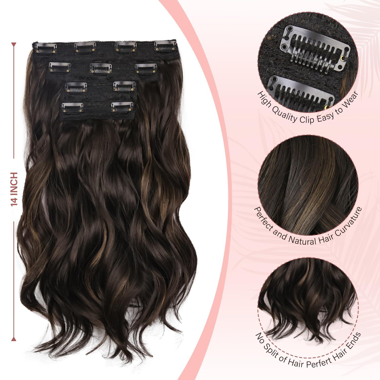 imageBlonde Clip in Hair Extensions 14 Inch Wavy Synthetic Hair Extensions Clip ins Color Dark Blonde with Bleach Blonde HighlightsDark Brown with Light Brown Highlights