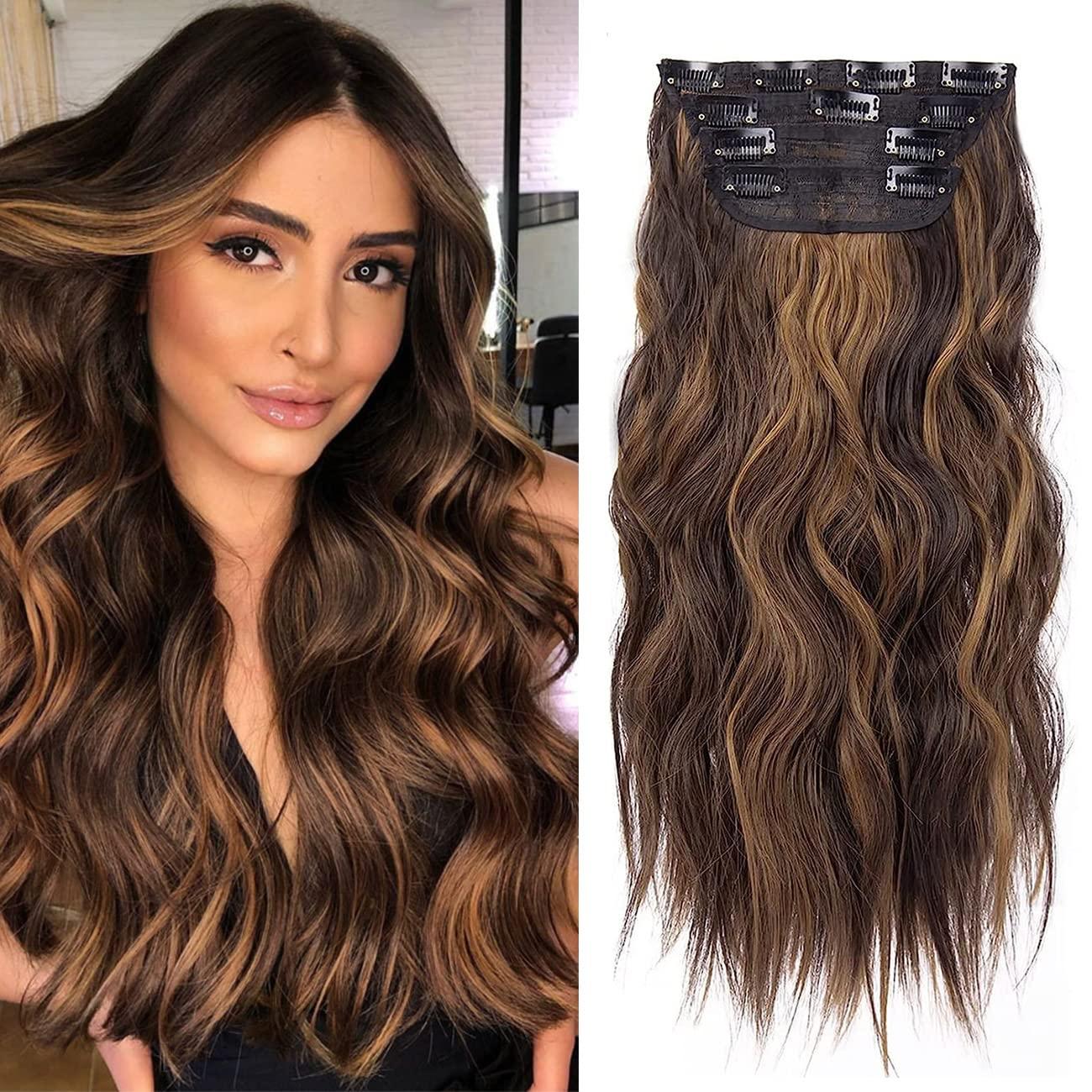 imageBlonde Clip in Hair Extensions 14 Inch Wavy Synthetic Hair Extensions Clip ins Color Dark Blonde with Bleach Blonde HighlightsDark Brown with Light Brown Highlights