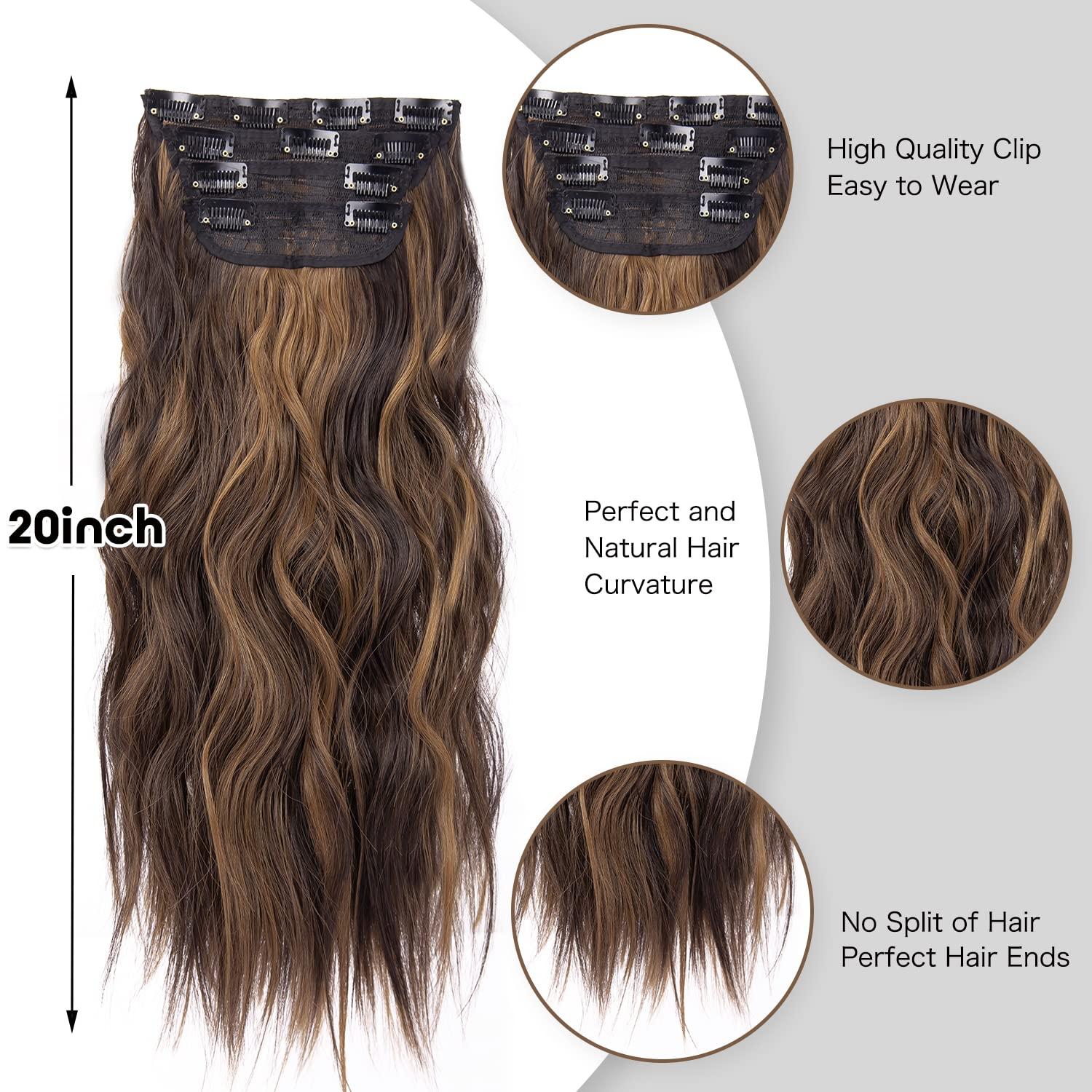 imageBlonde Clip in Hair Extensions 14 Inch Wavy Synthetic Hair Extensions Clip ins Color Dark Blonde with Bleach Blonde HighlightsDark Brown with Light Brown Highlights