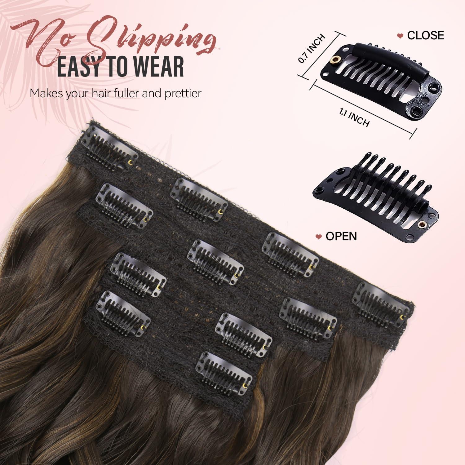 imageBlonde Clip in Hair Extensions 14 Inch Wavy Synthetic Hair Extensions Clip ins Color Dark Blonde with Bleach Blonde HighlightsDark Brown with Light Brown Highlights