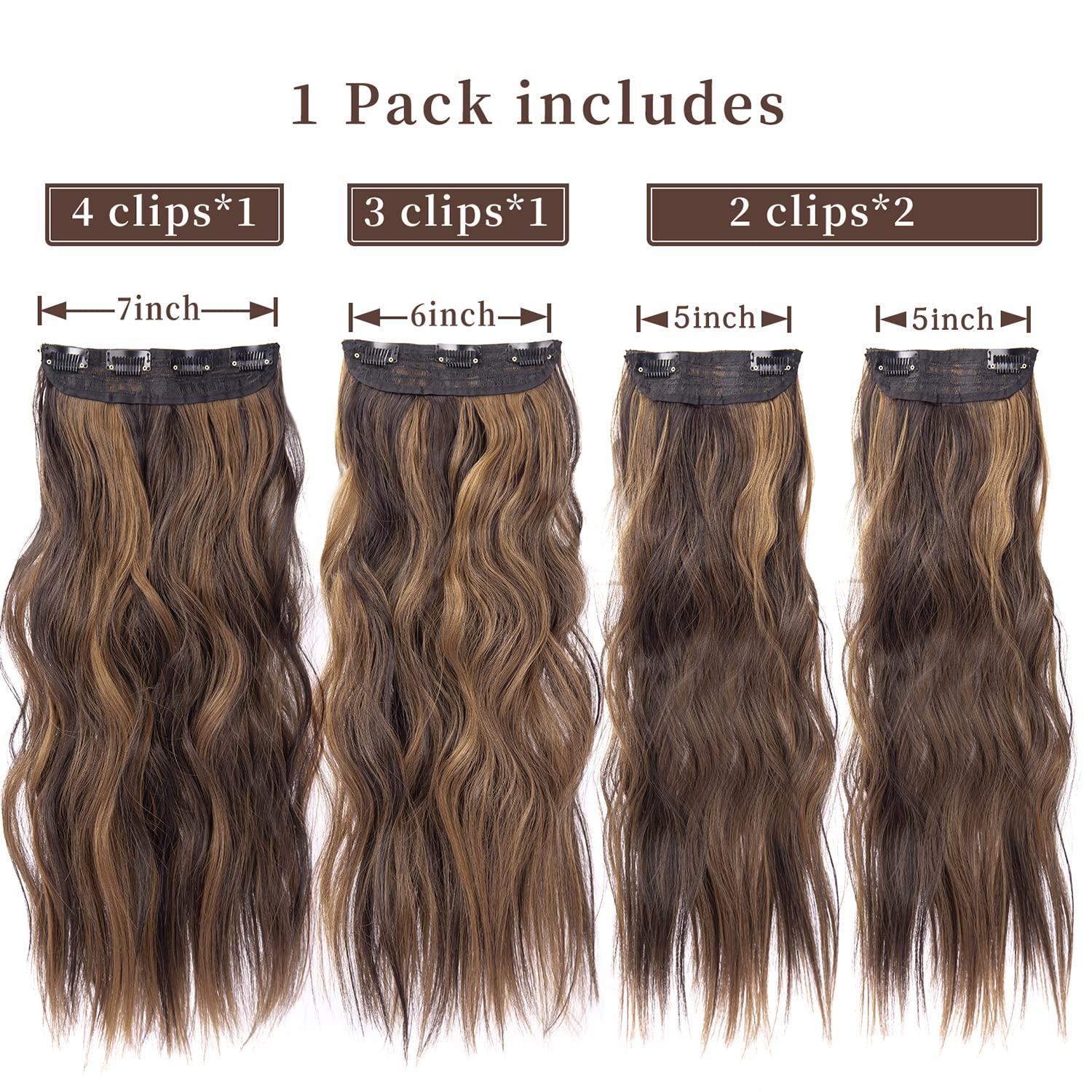 imageBlonde Clip in Hair Extensions 14 Inch Wavy Synthetic Hair Extensions Clip ins Color Dark Blonde with Bleach Blonde HighlightsDark Brown with Light Brown Highlights