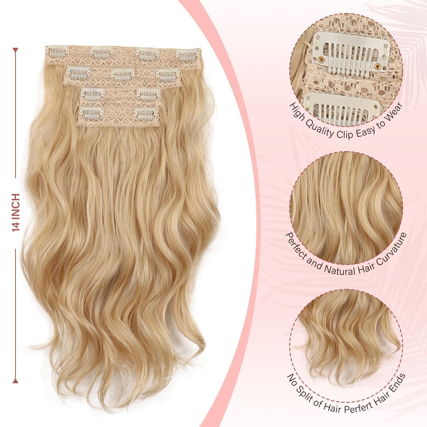 imageBlonde Clip in Hair Extensions 14 Inch Wavy Synthetic Hair Extensions Clip ins Color Dark Blonde with Bleach Blonde HighlightsLight Blonde Mix Beige Blonde