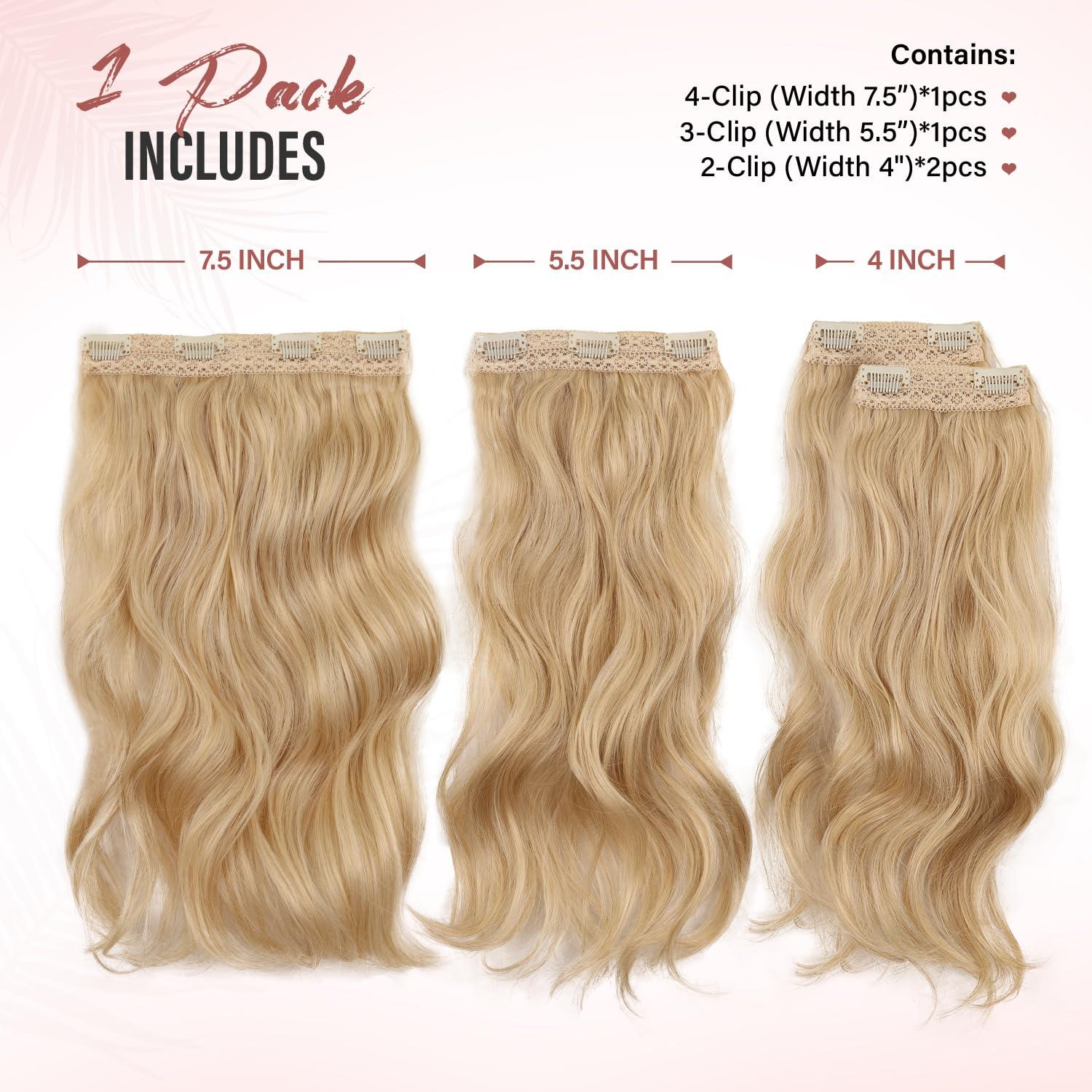imageBlonde Clip in Hair Extensions 14 Inch Wavy Synthetic Hair Extensions Clip ins Color Dark Blonde with Bleach Blonde HighlightsLight Blonde Mix Beige Blonde