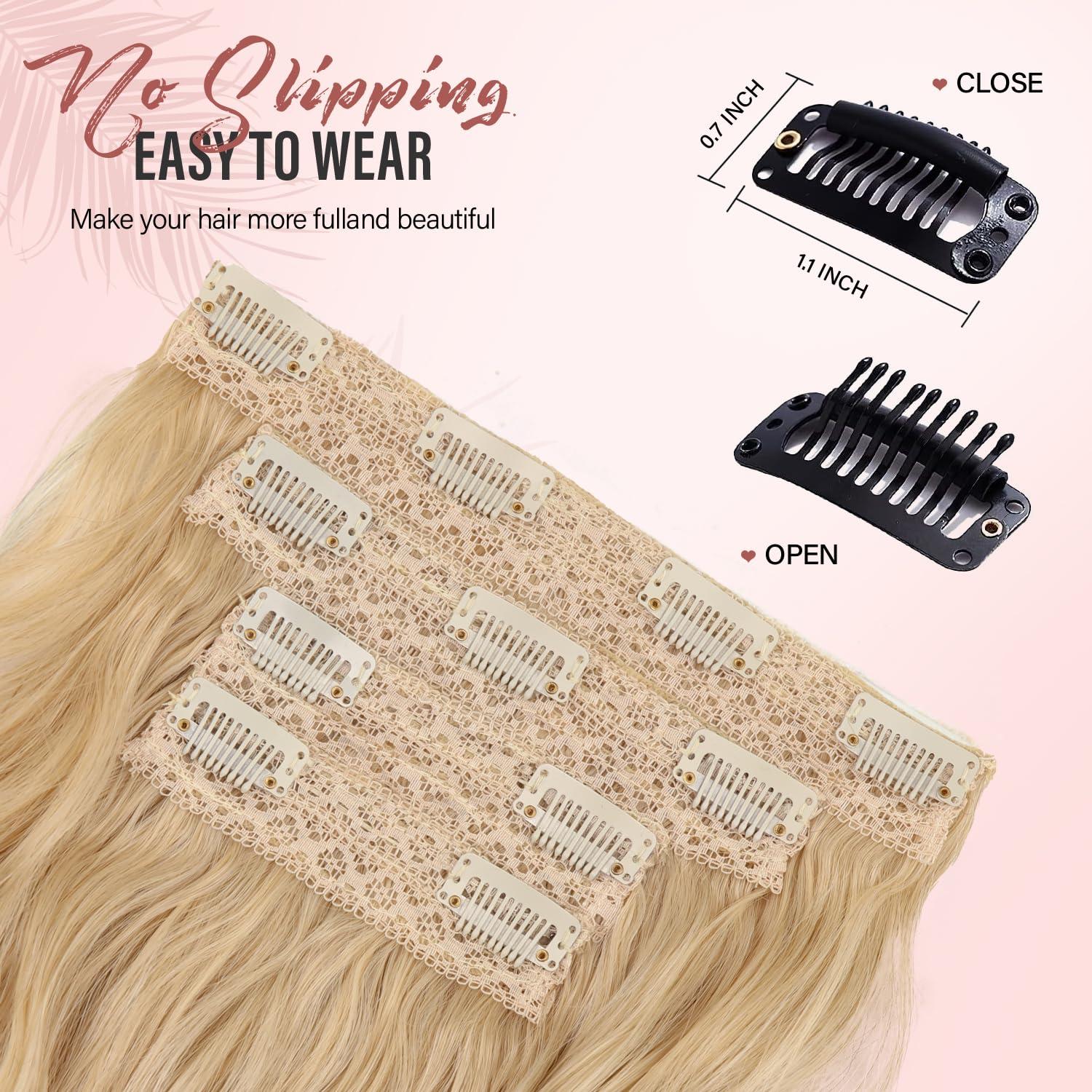 imageBlonde Clip in Hair Extensions 14 Inch Wavy Synthetic Hair Extensions Clip ins Color Dark Blonde with Bleach Blonde HighlightsLight Blonde Mix Beige Blonde