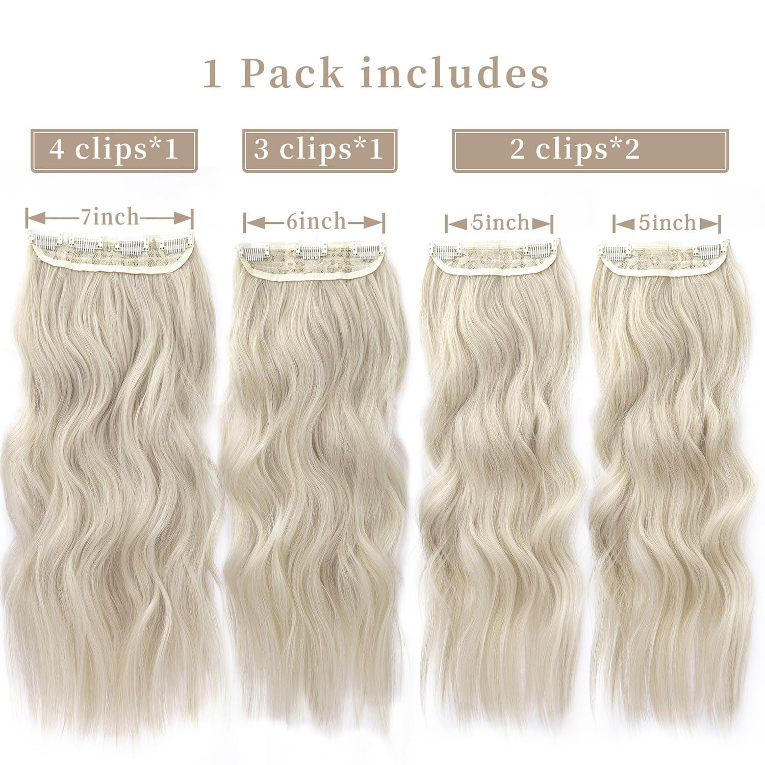 imageBlonde Clip in Hair Extensions 14 Inch Wavy Synthetic Hair Extensions Clip ins Color Dark Blonde with Bleach Blonde HighlightsLight Blonde Mix Bleach Blonde