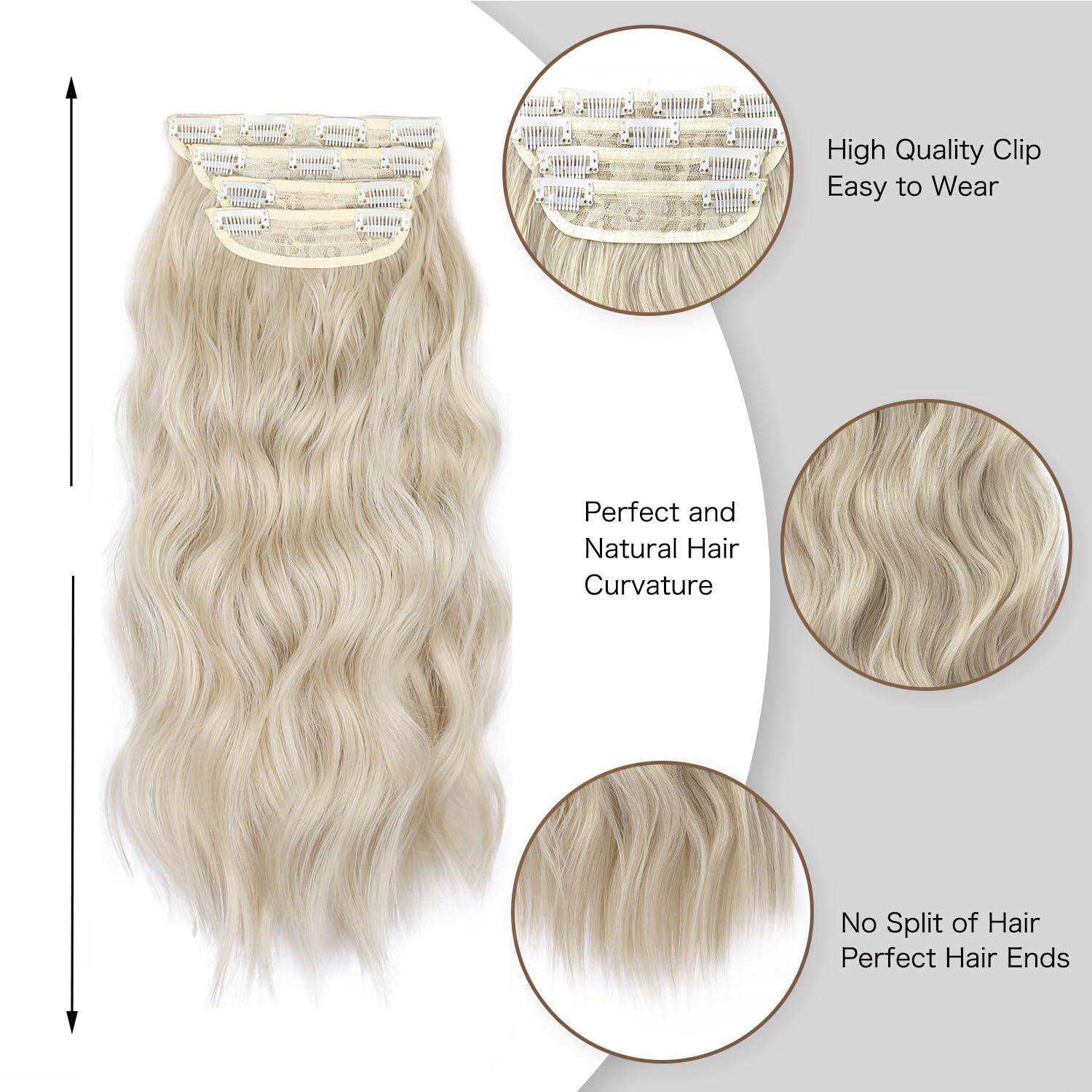 imageBlonde Clip in Hair Extensions 14 Inch Wavy Synthetic Hair Extensions Clip ins Color Dark Blonde with Bleach Blonde HighlightsLight Blonde Mix Bleach Blonde
