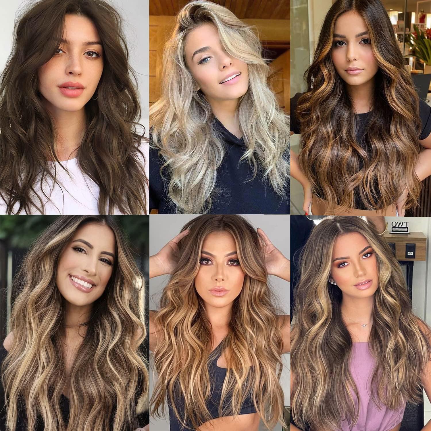 imageBlonde Clip in Hair Extensions 14 Inch Wavy Synthetic Hair Extensions Clip ins Color Dark Blonde with Bleach Blonde HighlightsLight Blonde Mix Bleach Blonde