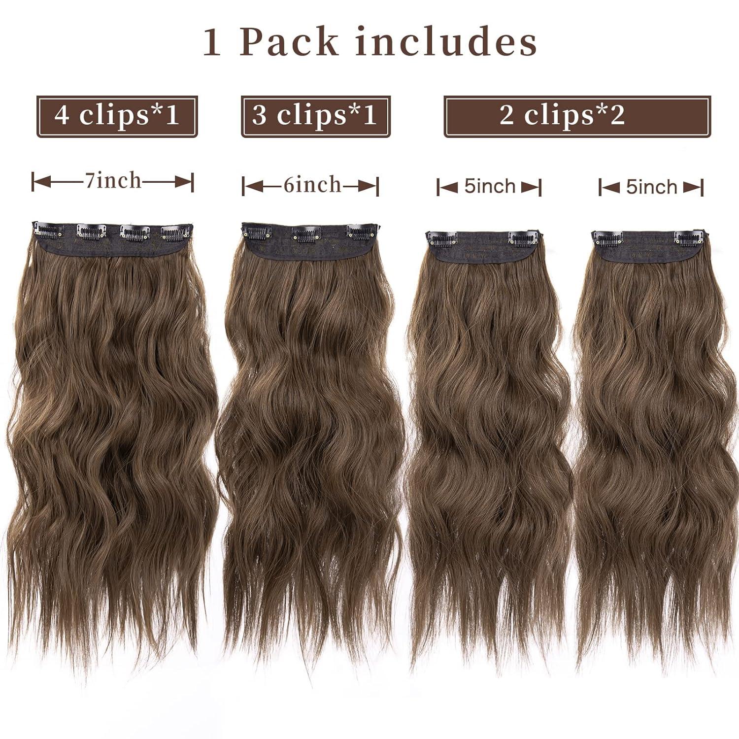 imageBlonde Clip in Hair Extensions 14 Inch Wavy Synthetic Hair Extensions Clip ins Color Dark Blonde with Bleach Blonde HighlightsMedium Brown