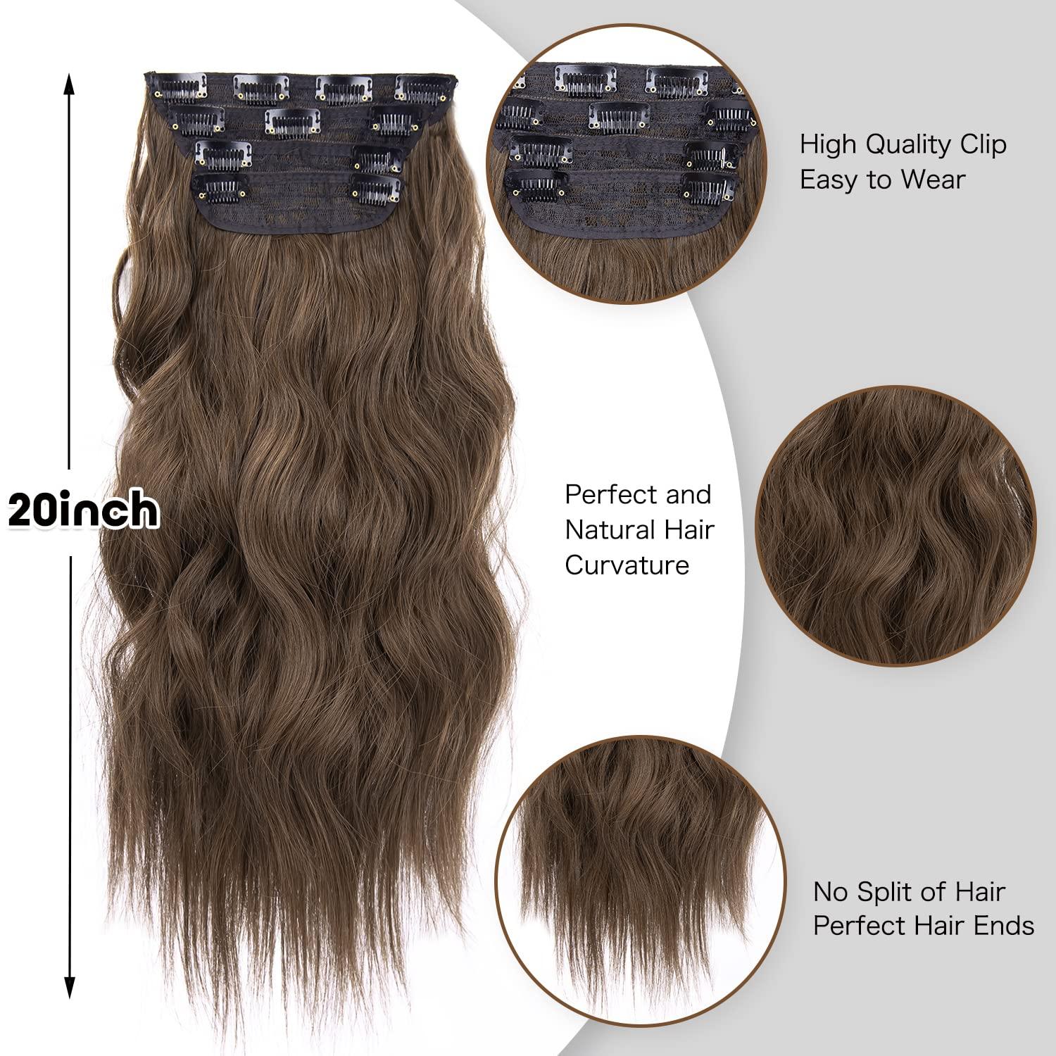 imageBlonde Clip in Hair Extensions 14 Inch Wavy Synthetic Hair Extensions Clip ins Color Dark Blonde with Bleach Blonde HighlightsMedium Brown