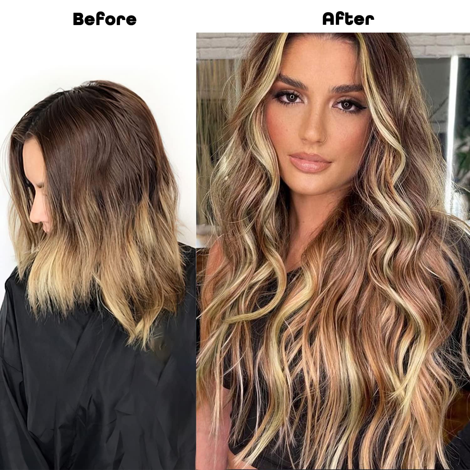 imageBlonde Clip in Hair Extensions 14 Inch Wavy Synthetic Hair Extensions Clip ins Color Dark Blonde with Bleach Blonde HighlightsRed Brown with Beige Blonde Highlights
